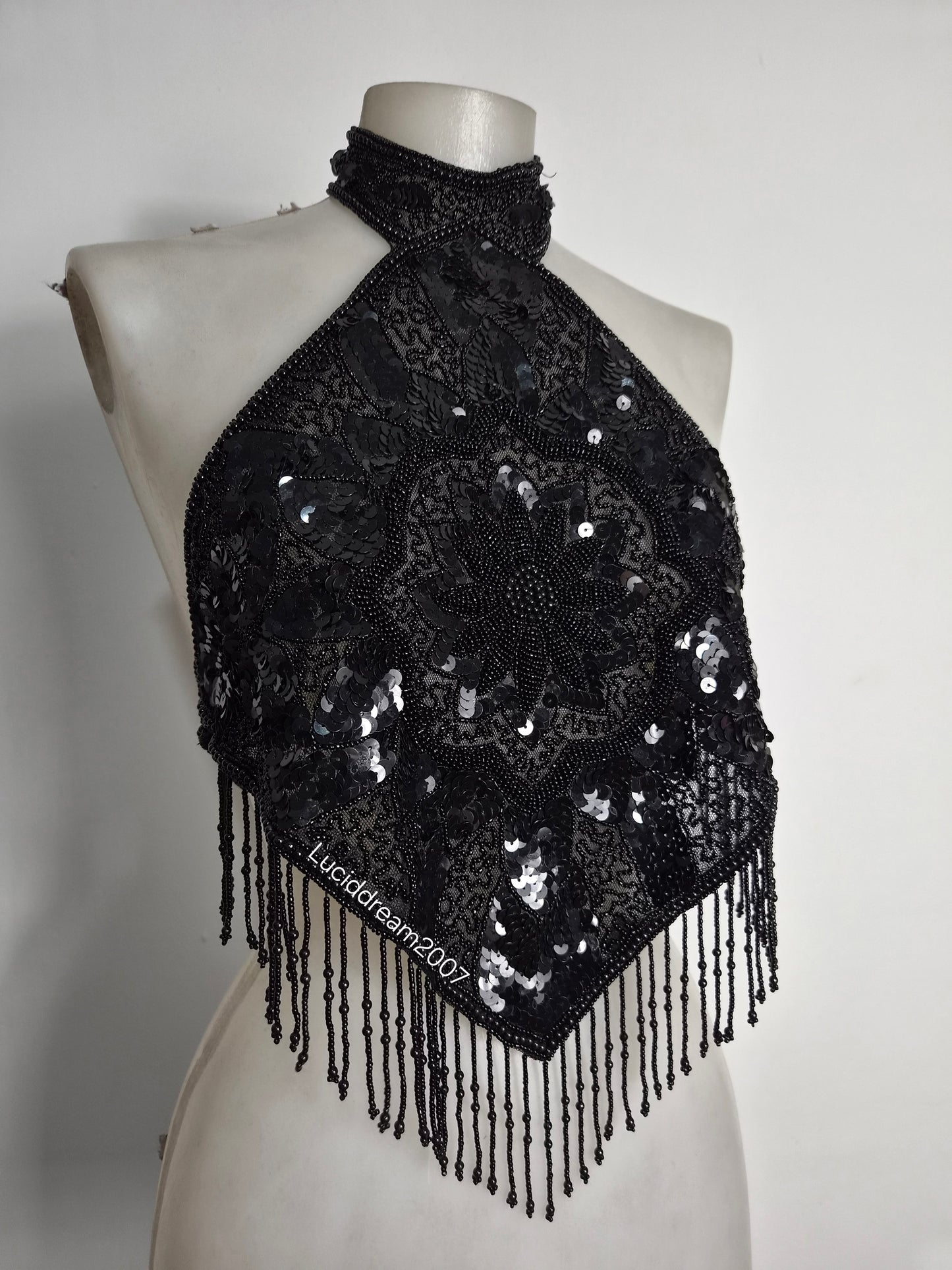 Black sequin-embroidered backless dress