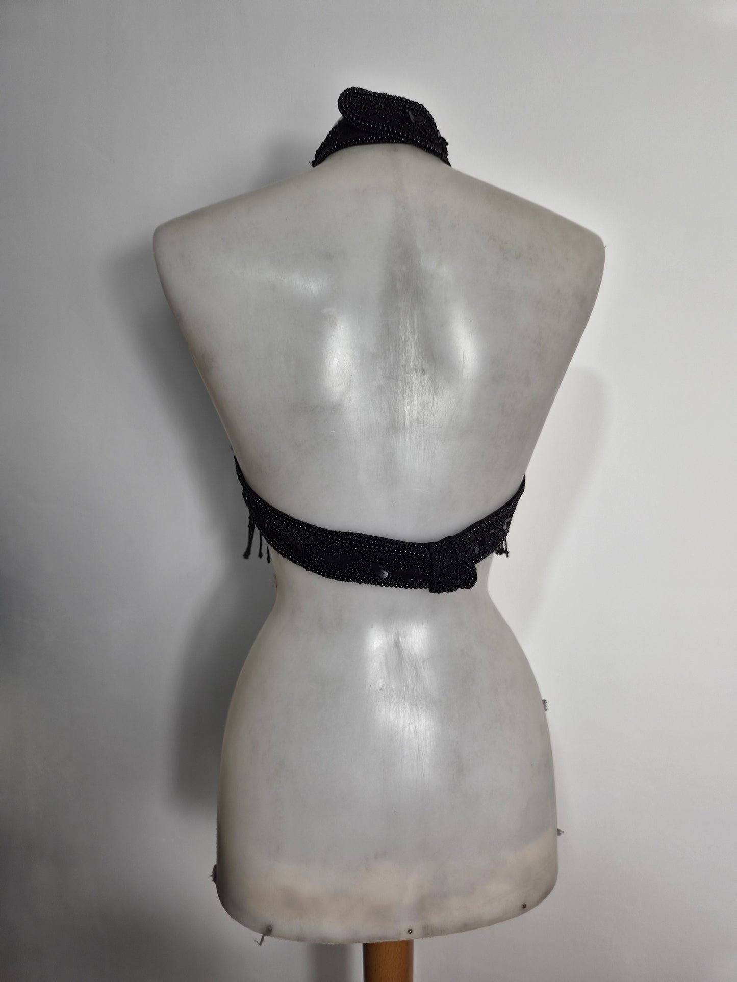 Black sequin-embroidered backless dress