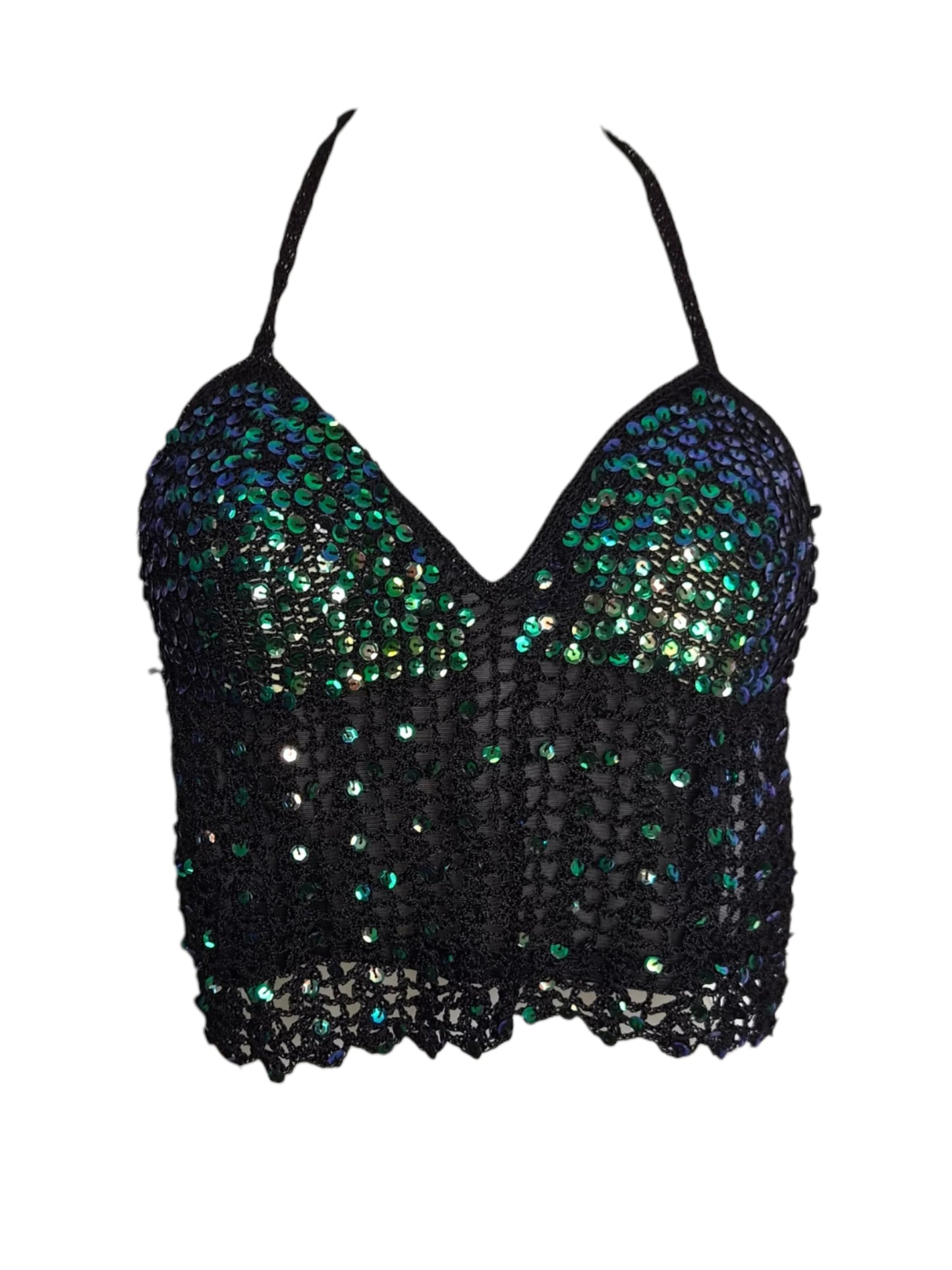 Sequined embroidered crochet backless top