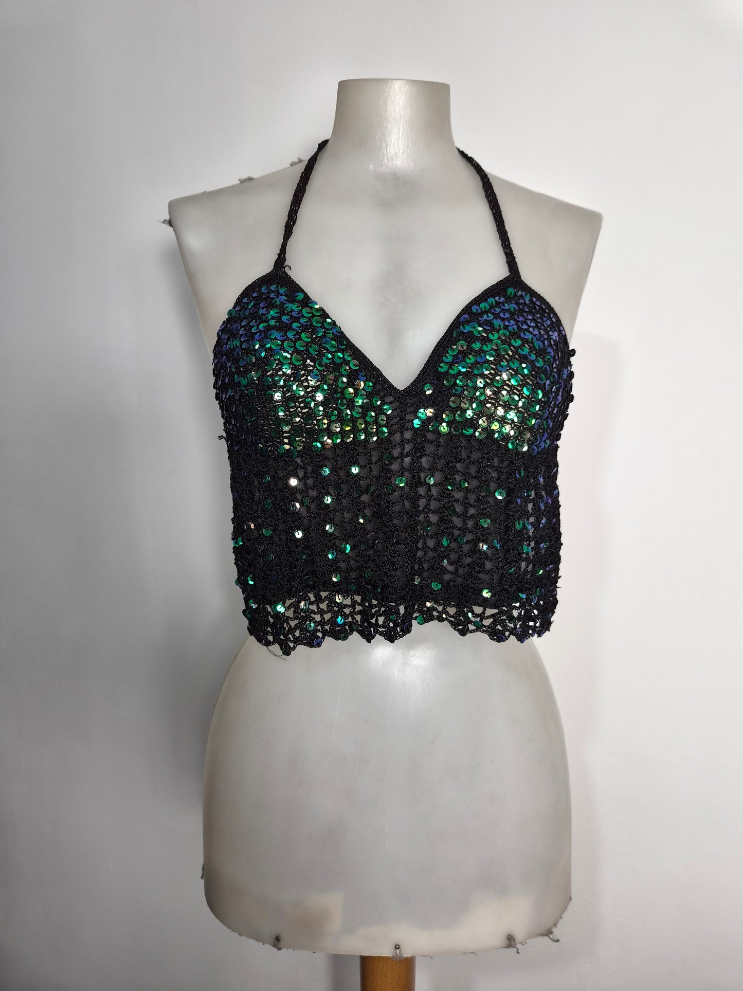 Sequined embroidered crochet backless top