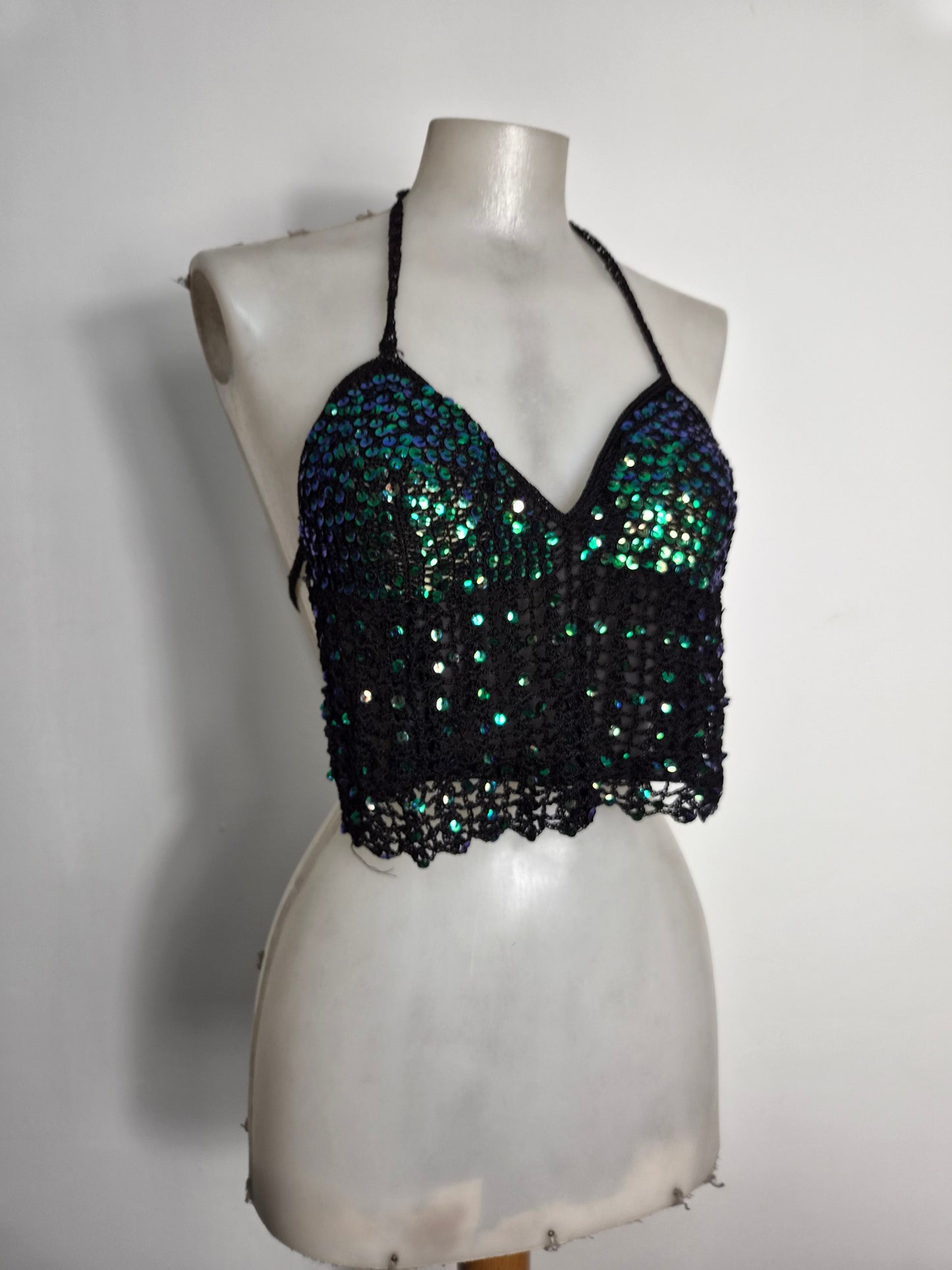 Sequined embroidered crochet backless top