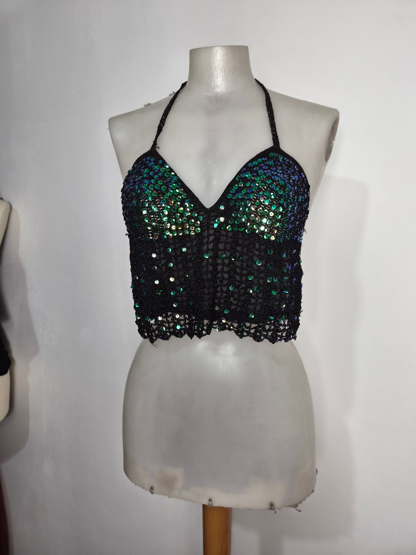 Sequined embroidered crochet backless top