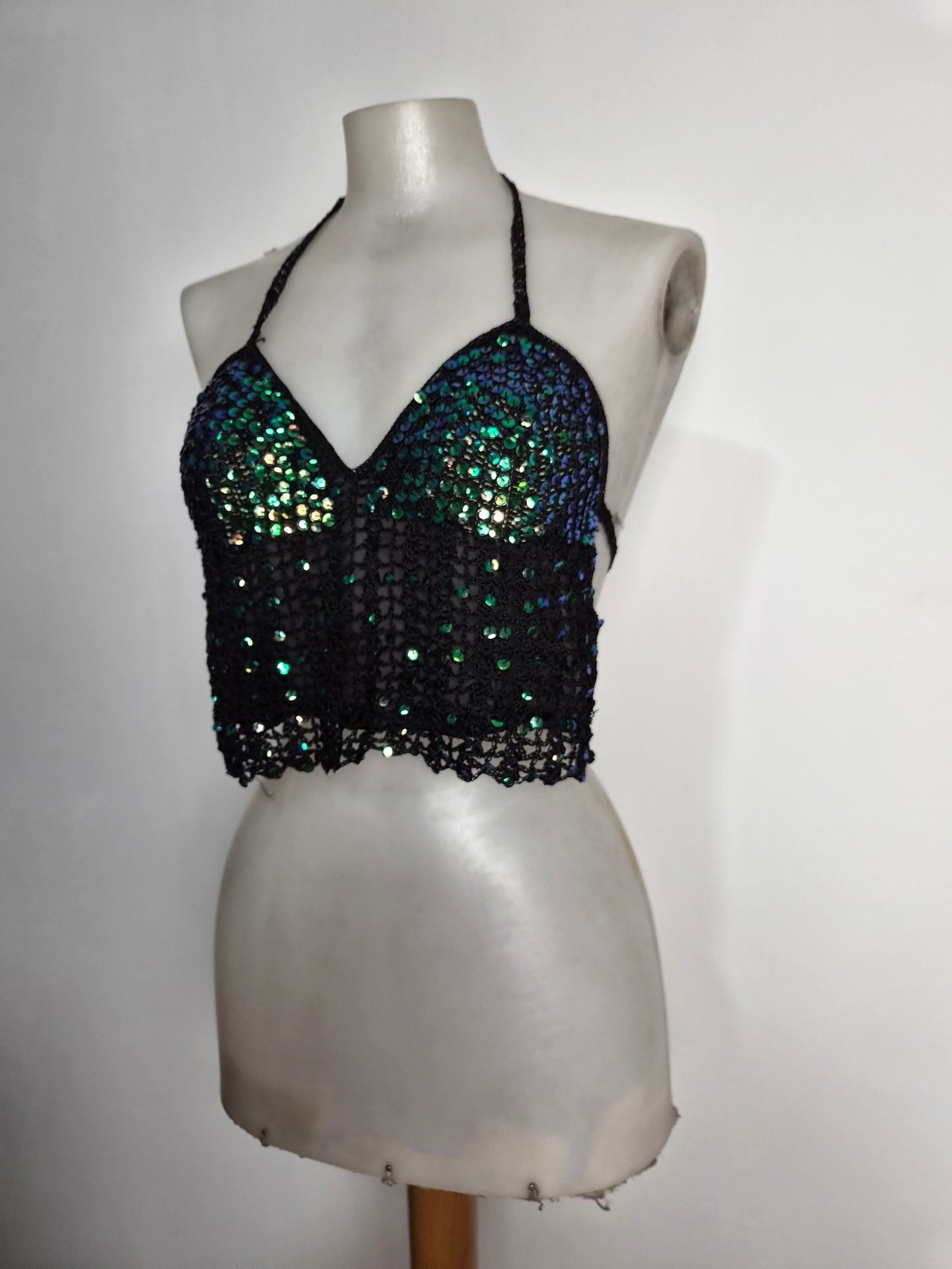 Sequined embroidered crochet backless top