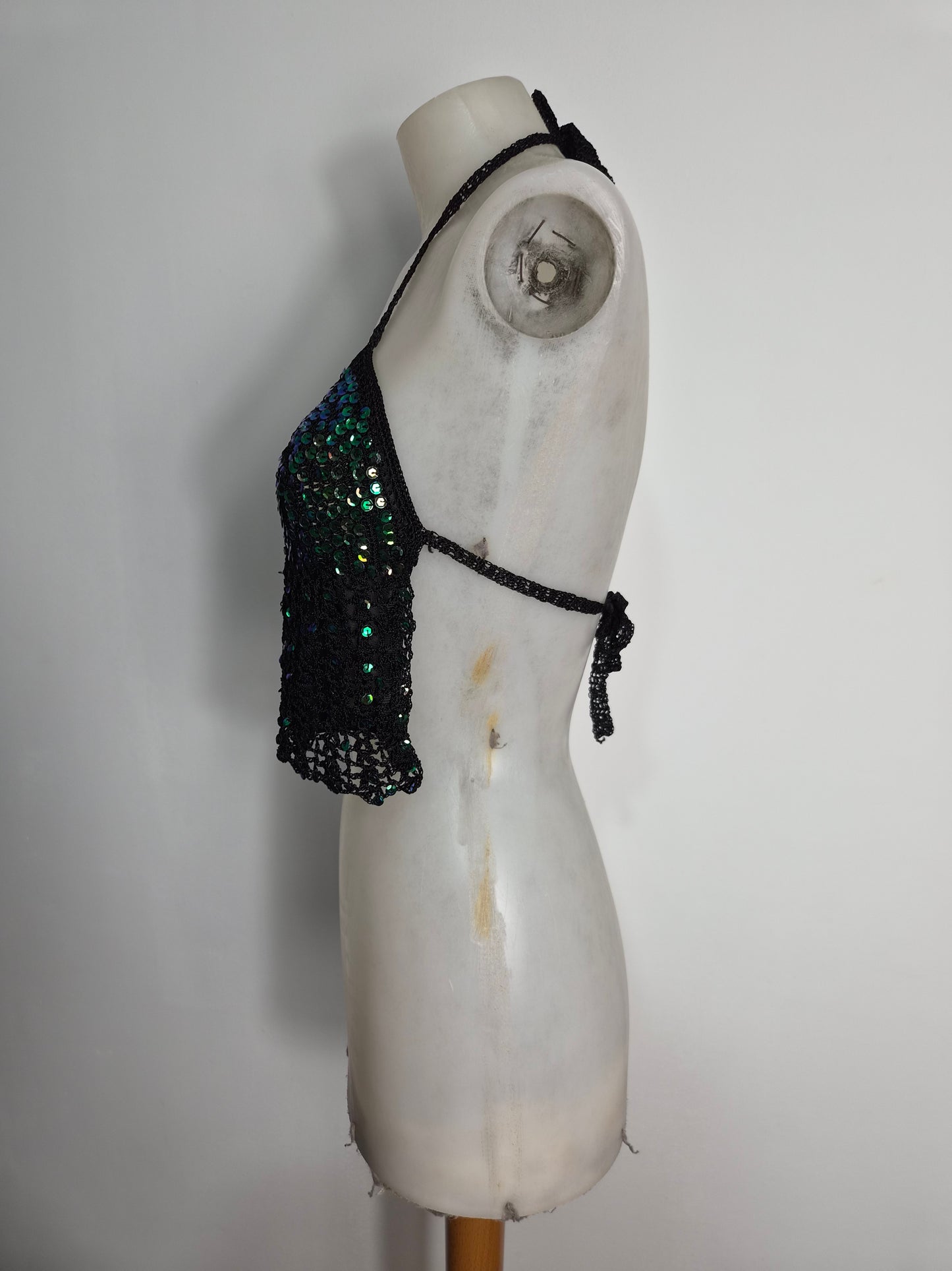 Sequined embroidered crochet backless top