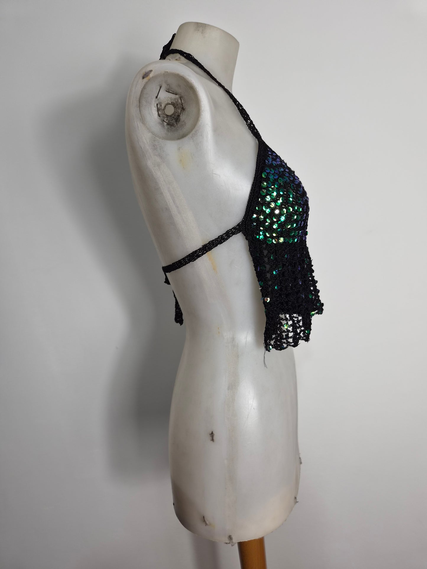 Sequined embroidered crochet backless top