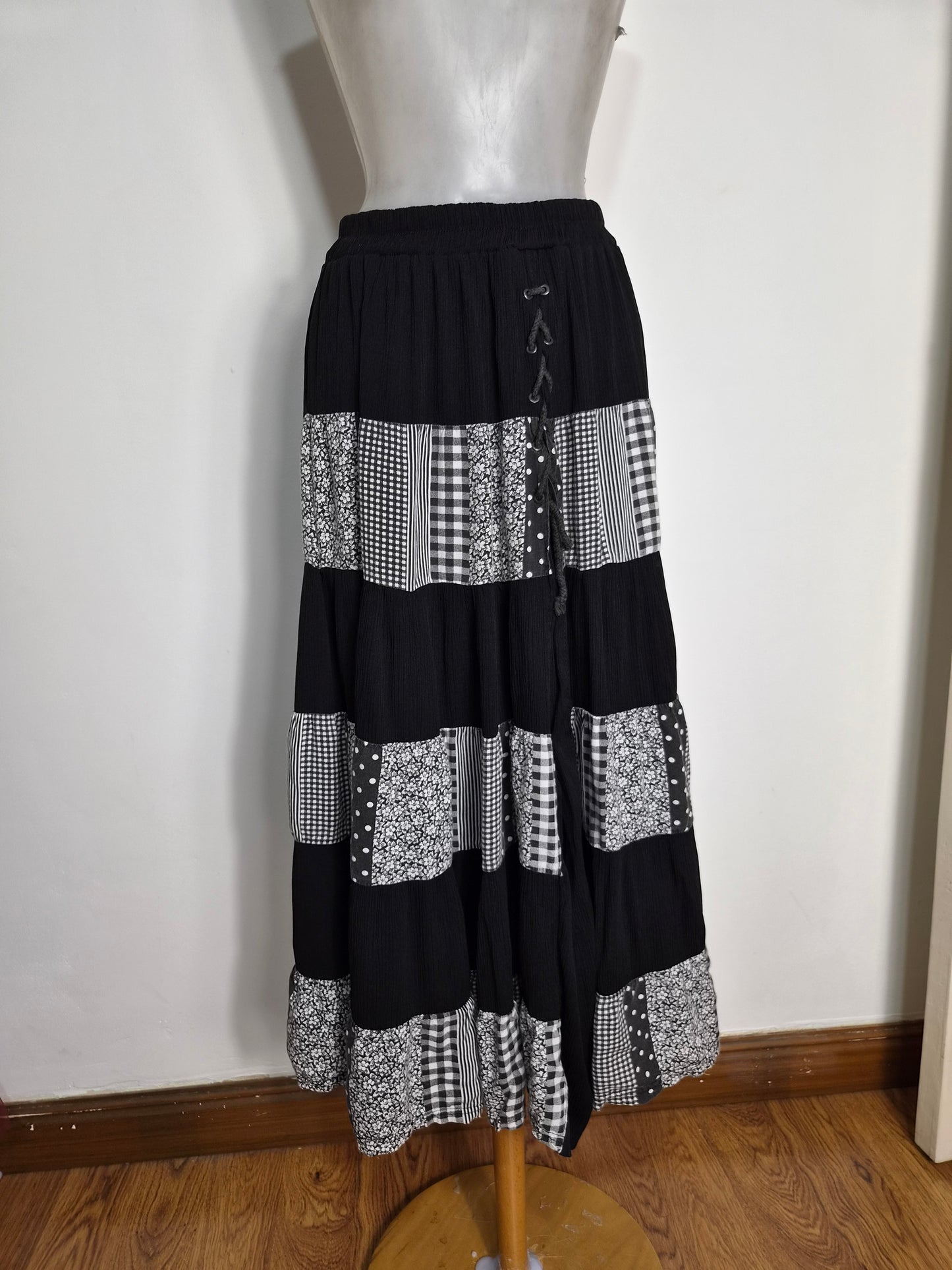 Asymmetrical polka dot and plaid skirt