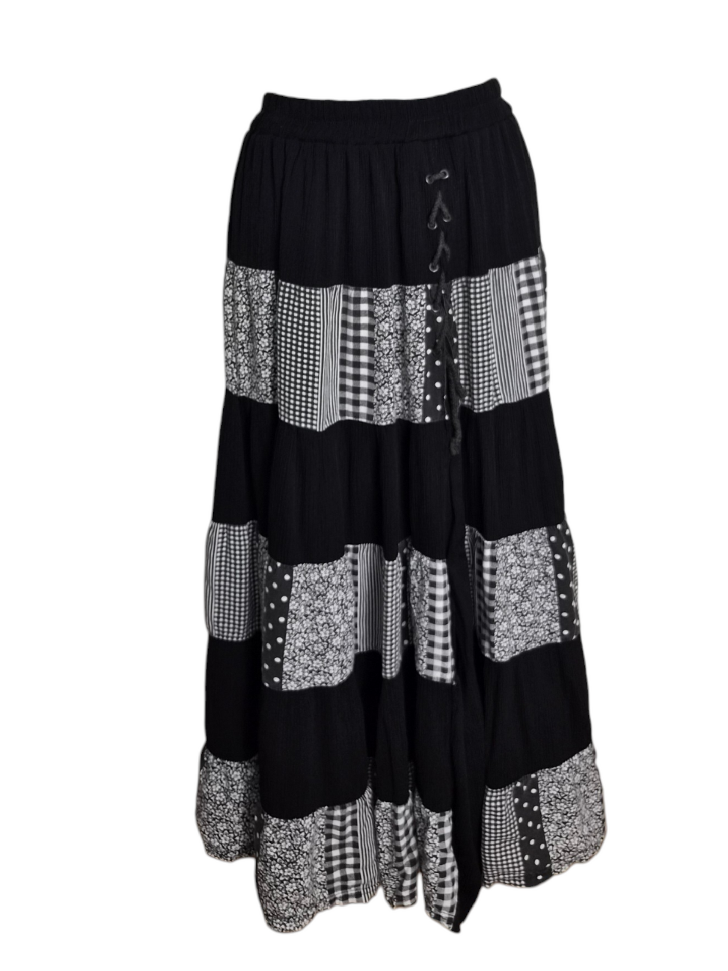 Asymmetrical polka dot and plaid skirt