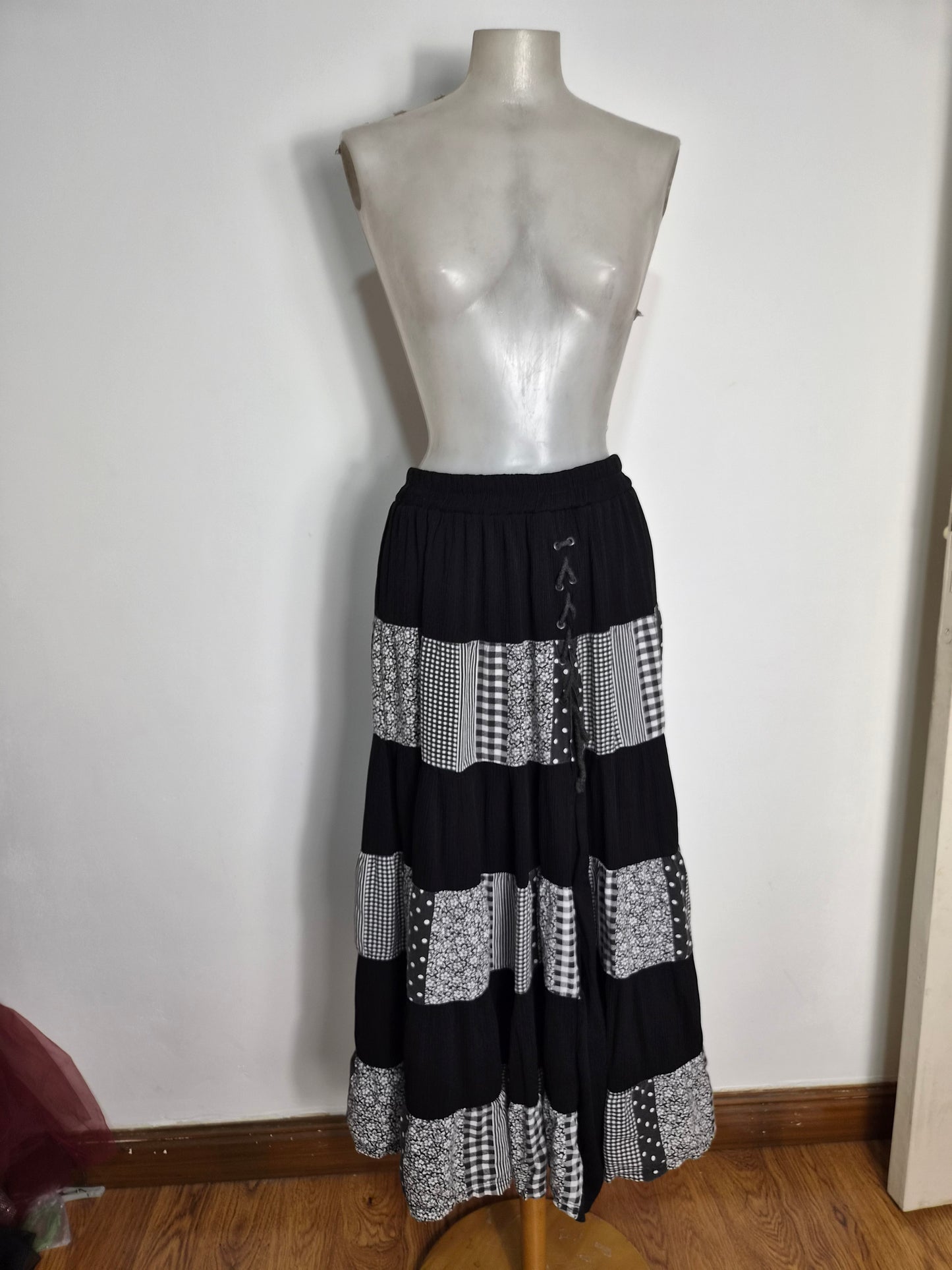 Asymmetrical polka dot and plaid skirt