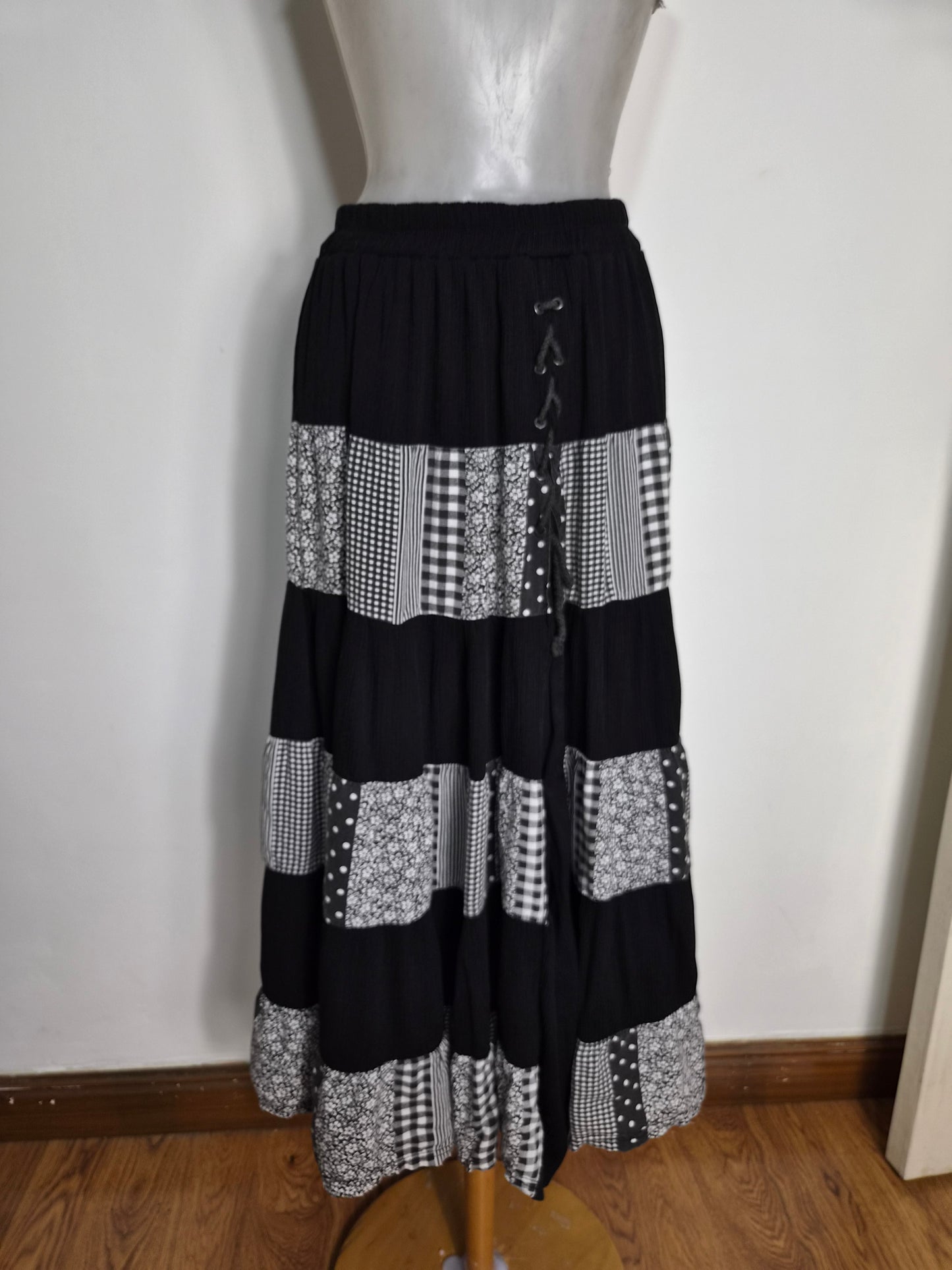 Asymmetrical polka dot and plaid skirt
