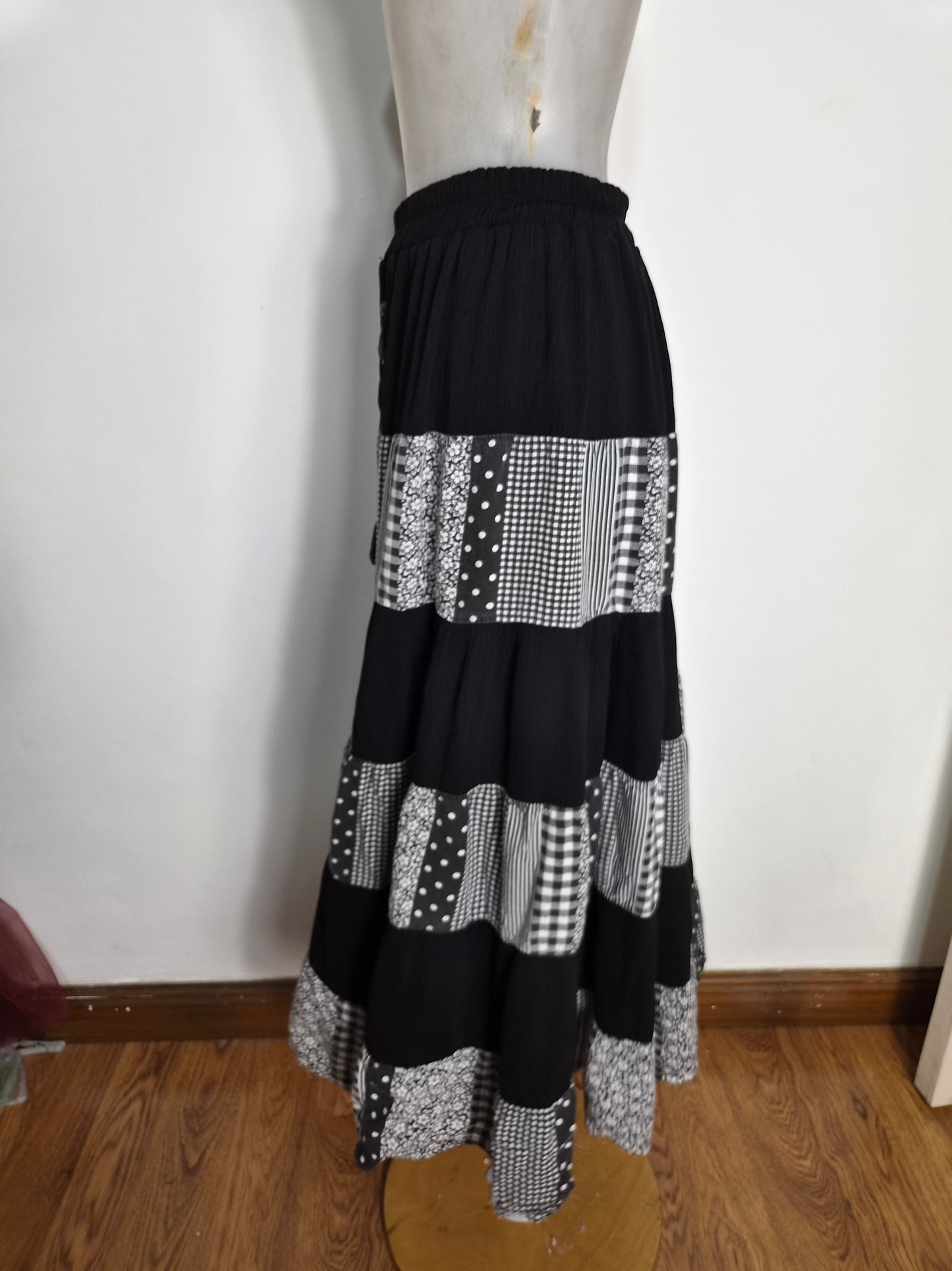 Asymmetrical polka dot and plaid skirt
