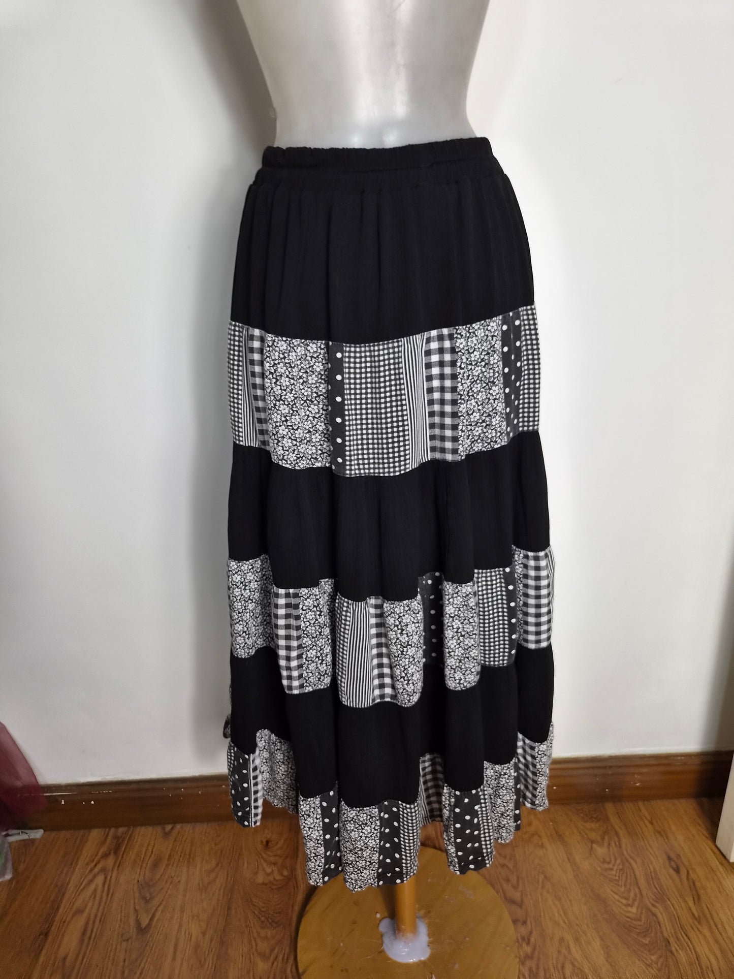 Asymmetrical polka dot and plaid skirt