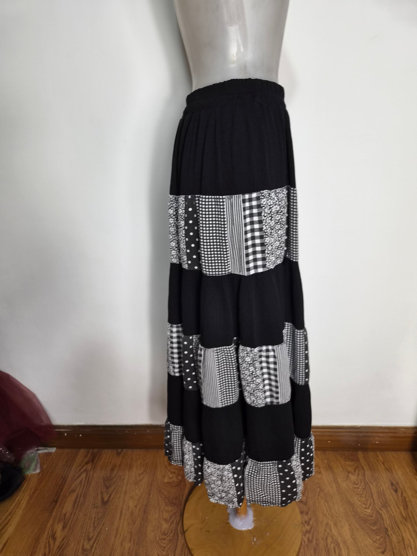 Asymmetrical polka dot and plaid skirt