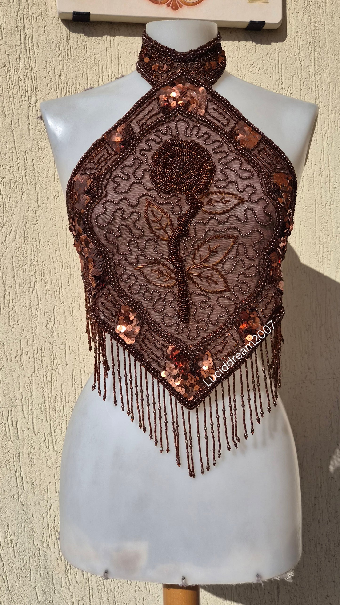 Brown backless top embroidered with beads and sequins