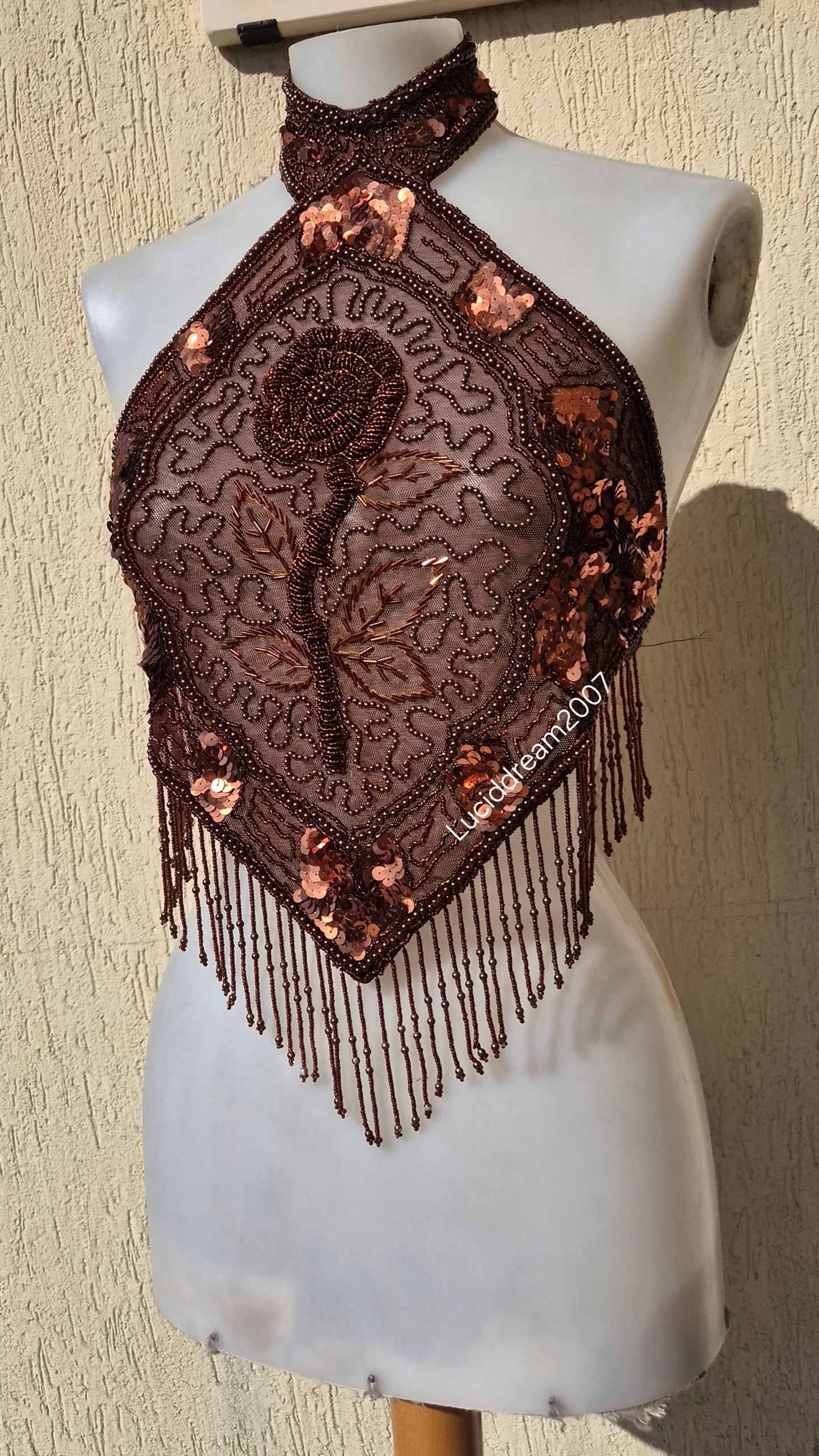 Brown backless top embroidered with beads and sequins