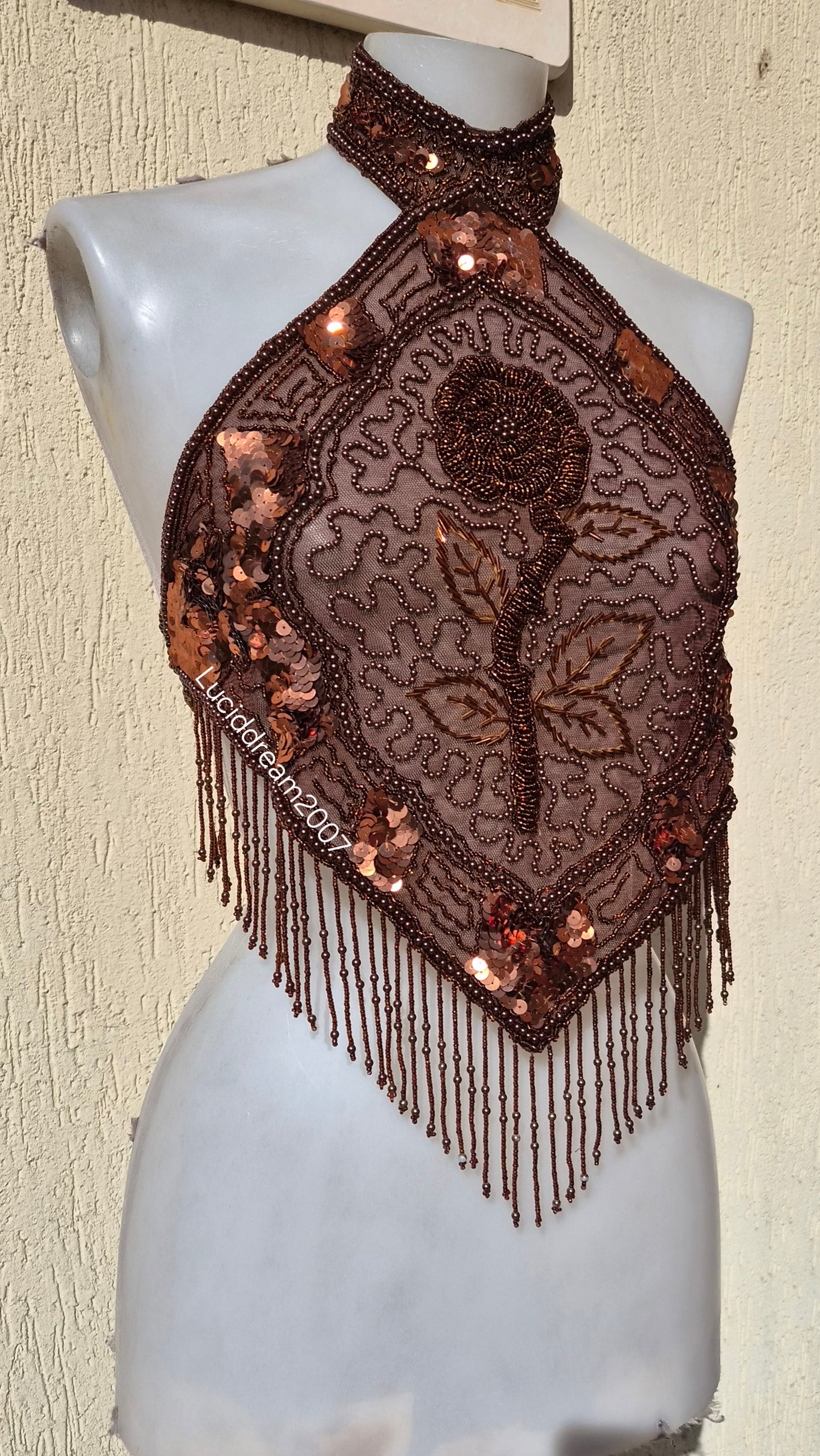 Brown backless top embroidered with beads and sequins