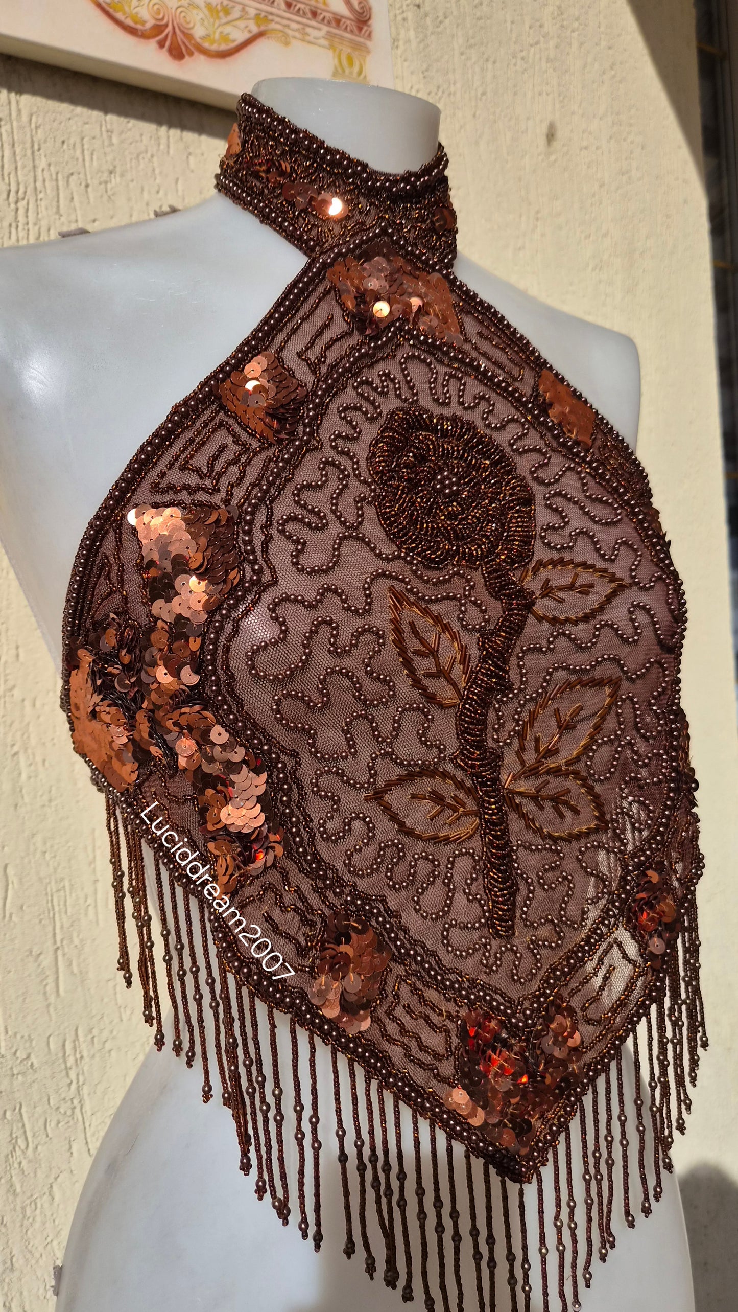 Brown backless top embroidered with beads and sequins