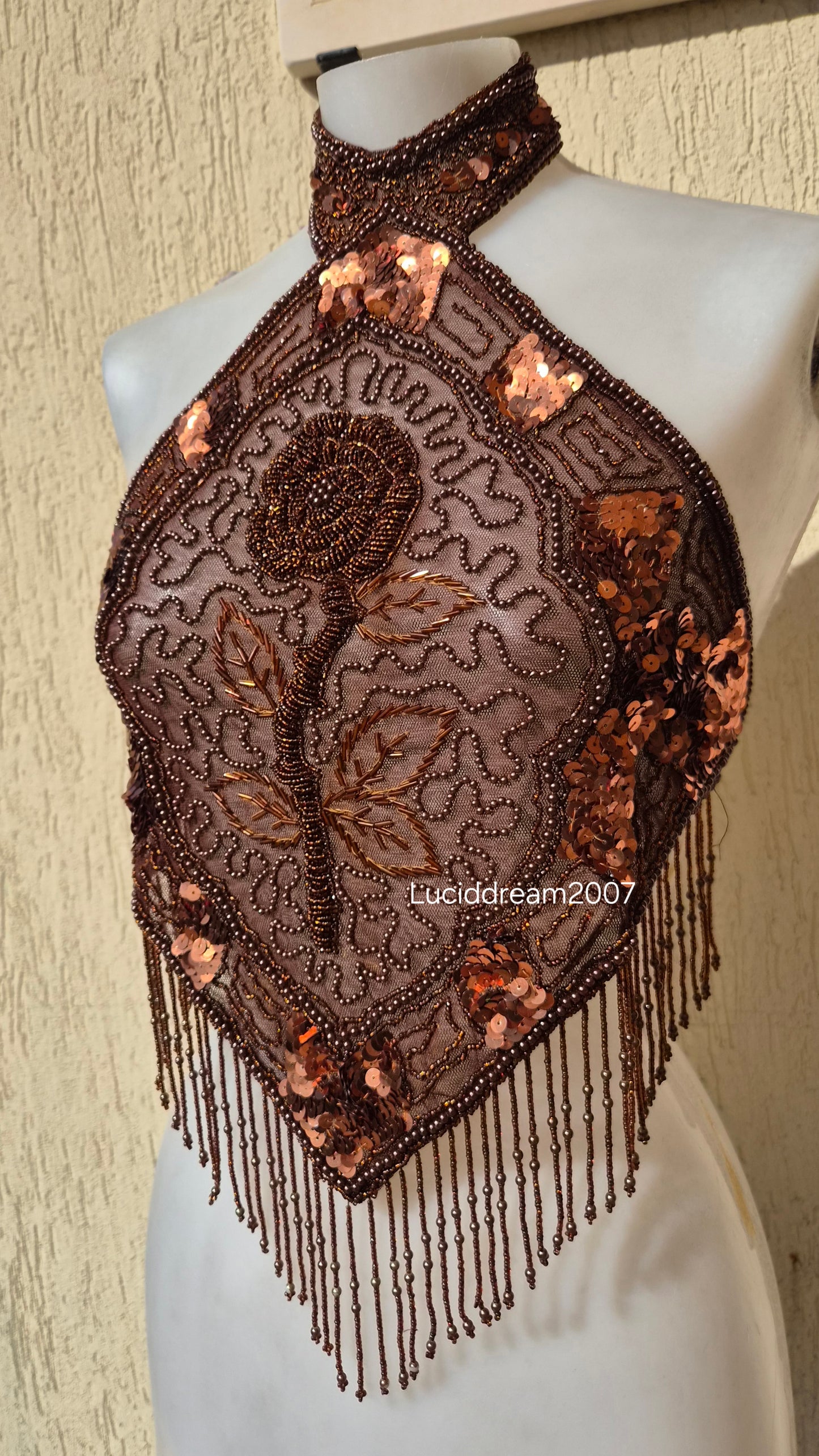 Brown backless top embroidered with beads and sequins