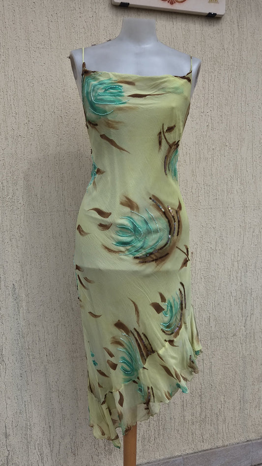 Embroidered floral silk green dress