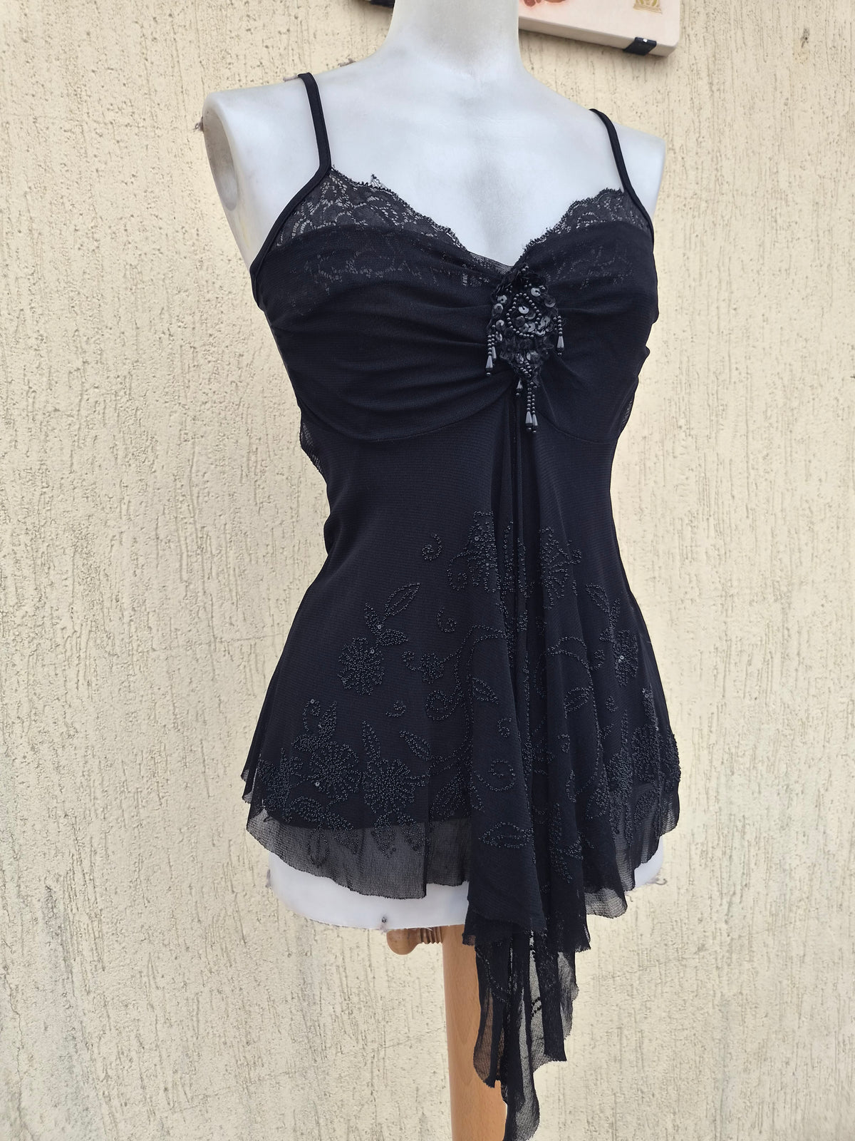 Black asymmetrical embroidered voile top