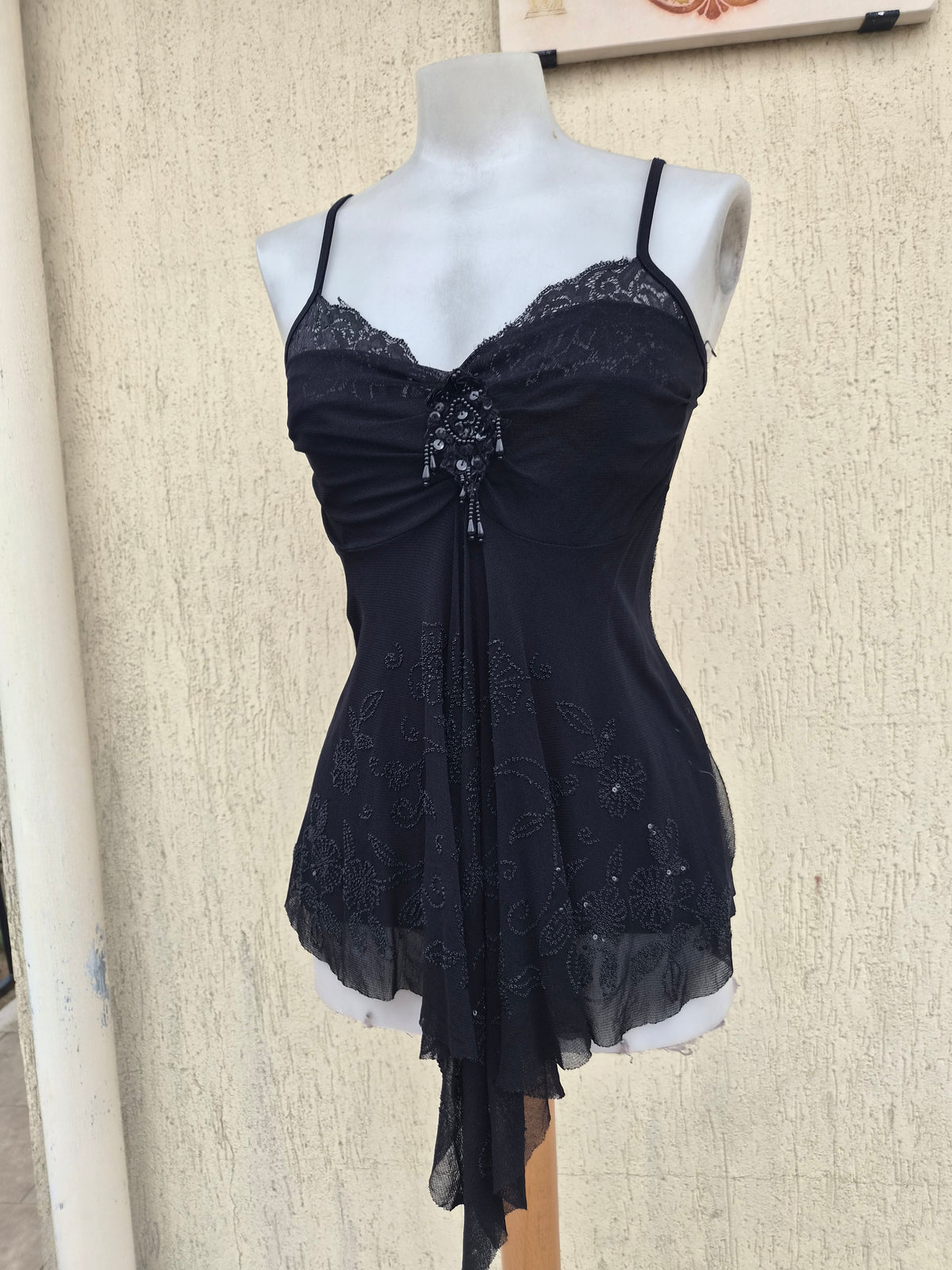 Black asymmetrical embroidered voile top