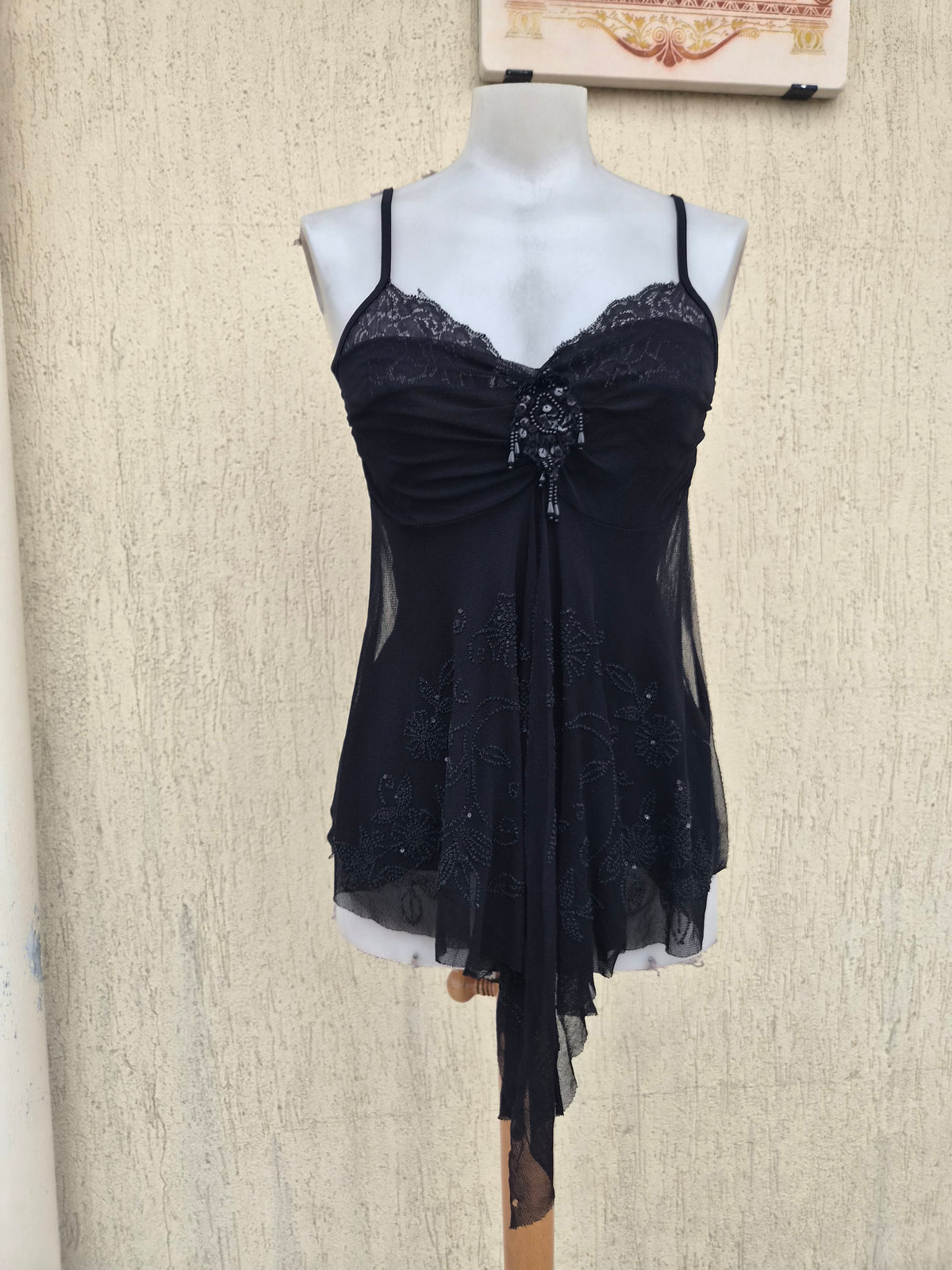 Black asymmetrical embroidered voile top
