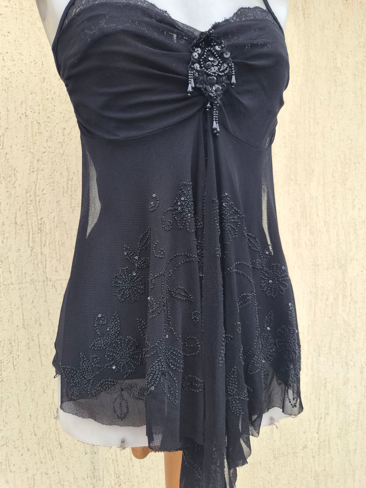 Black asymmetrical embroidered voile top