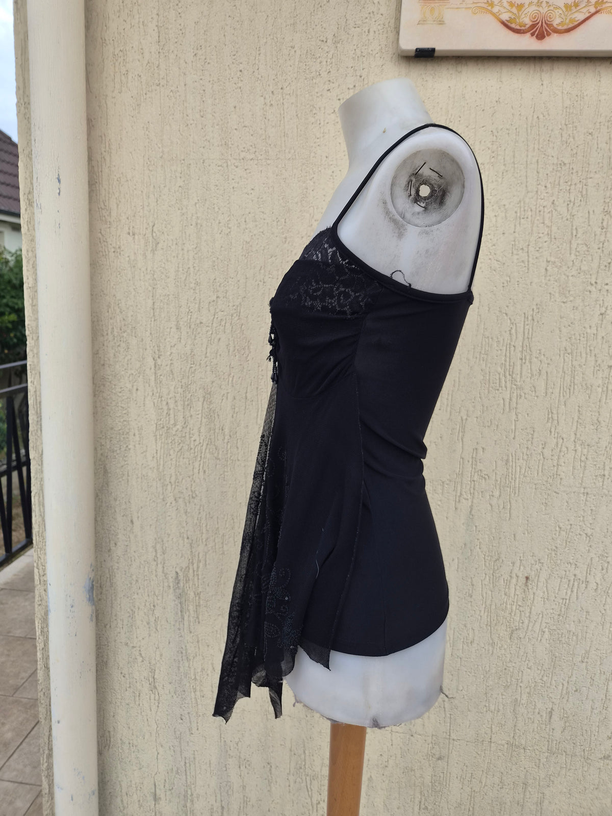 Black asymmetrical embroidered voile top