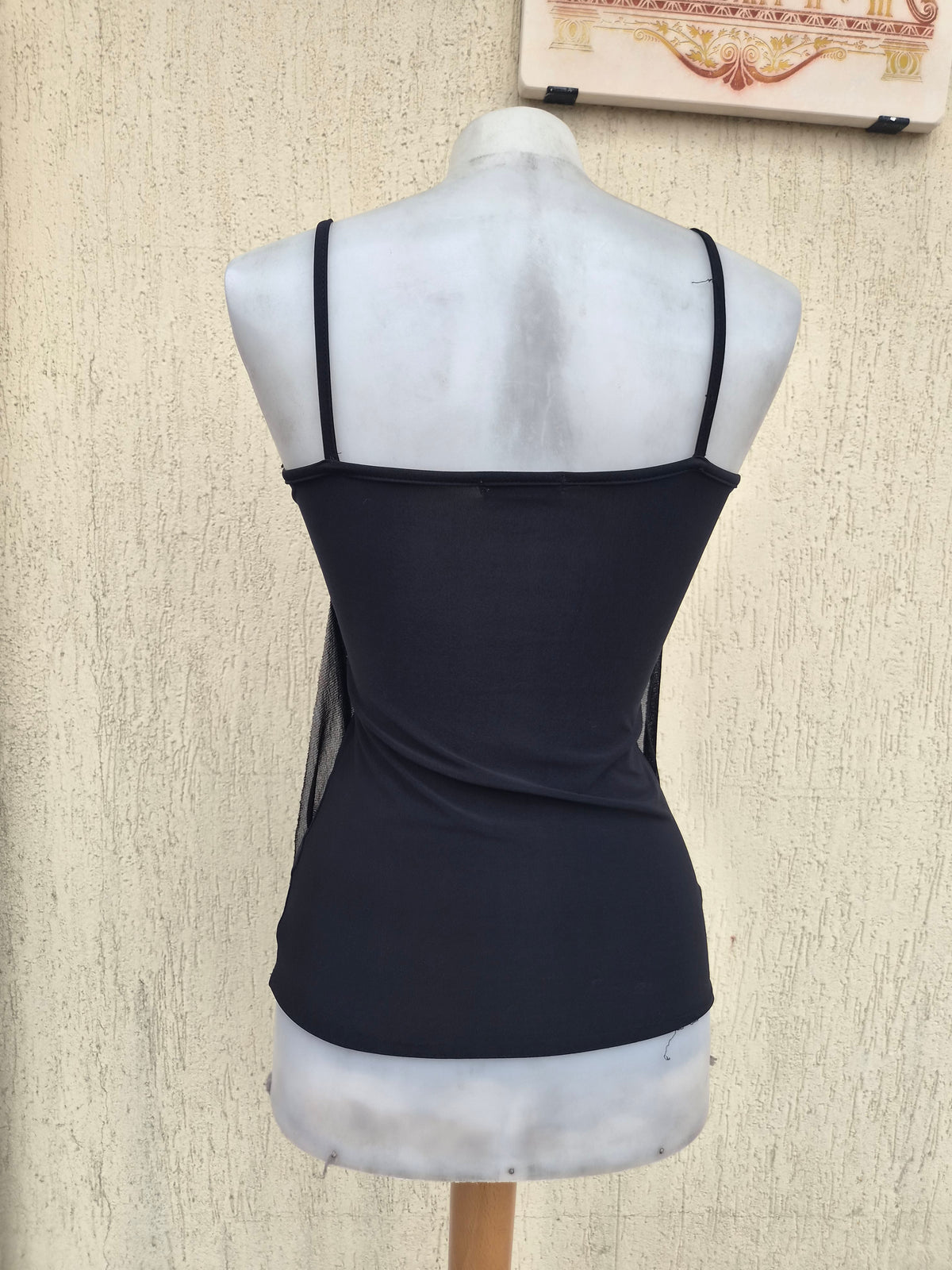 Black asymmetrical embroidered voile top
