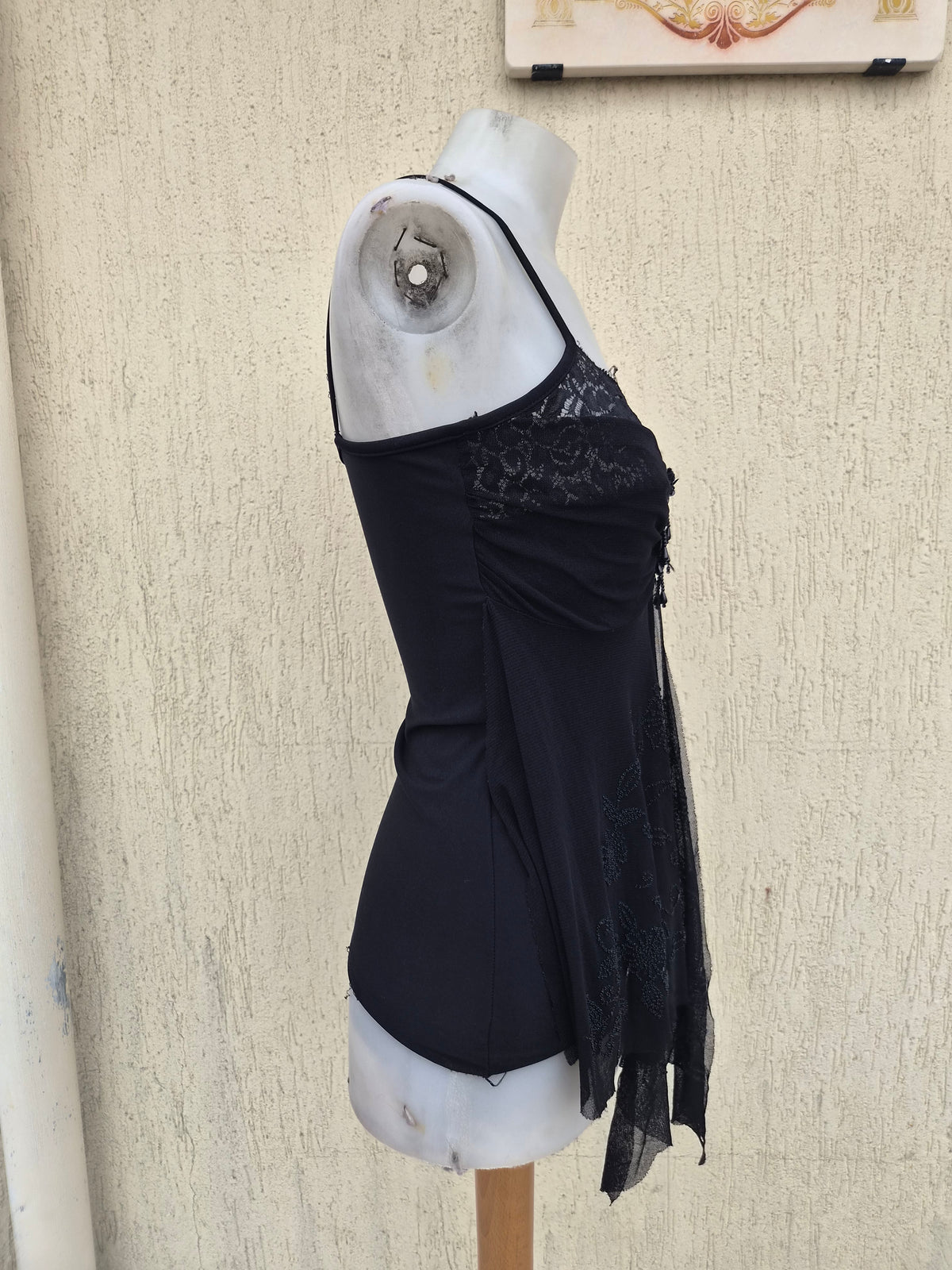 Black asymmetrical embroidered voile top