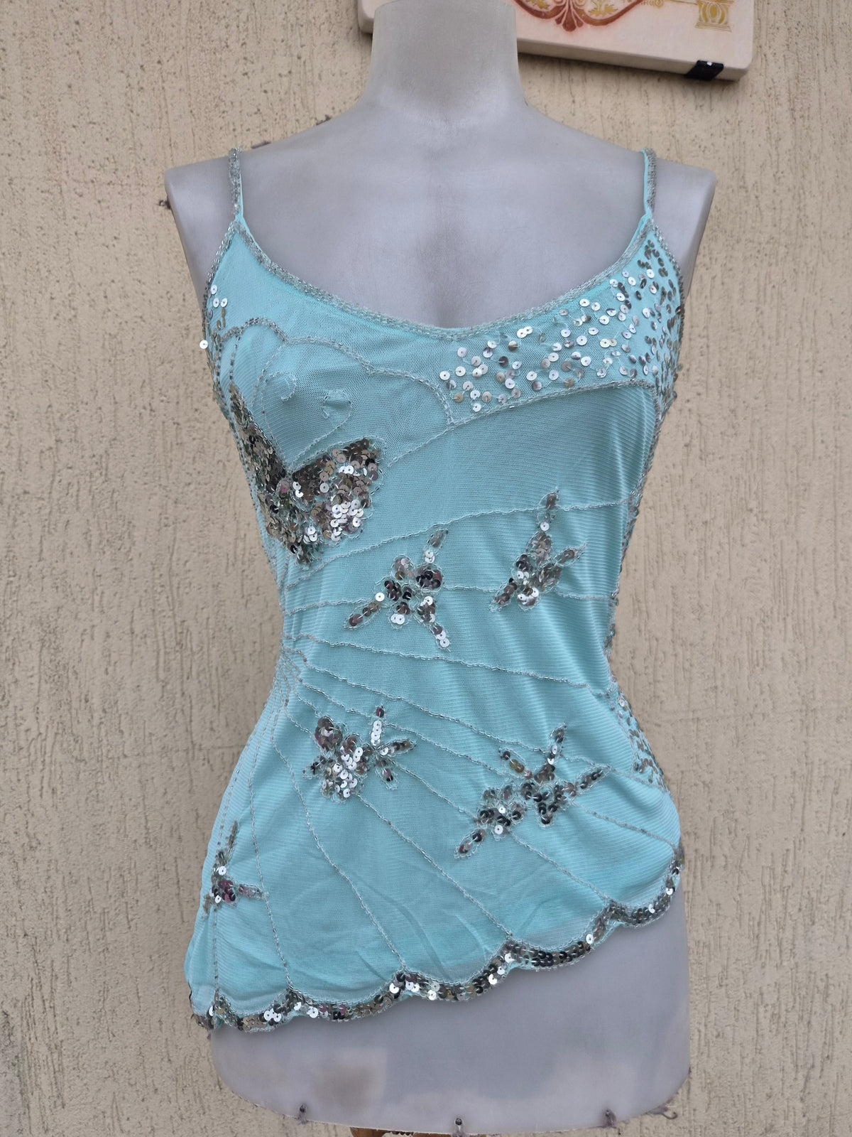 Blue top embroidered with silver sequins