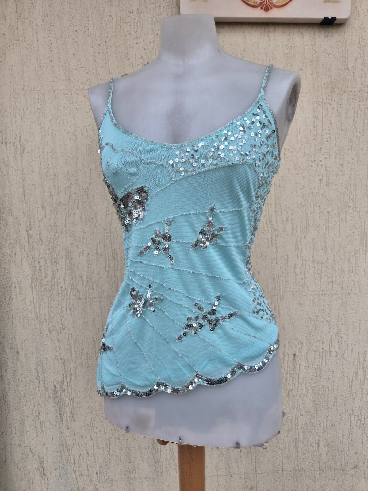 Blue top embroidered with silver sequins