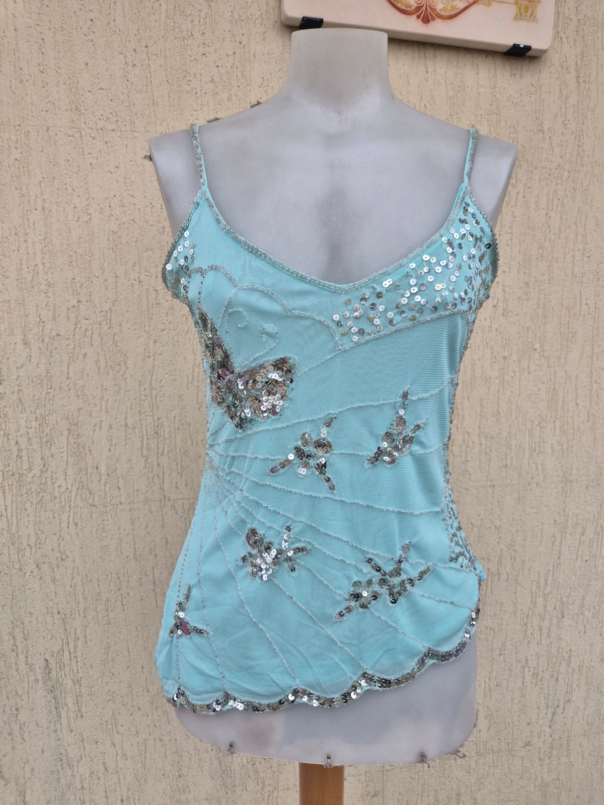 Blue top embroidered with silver sequins
