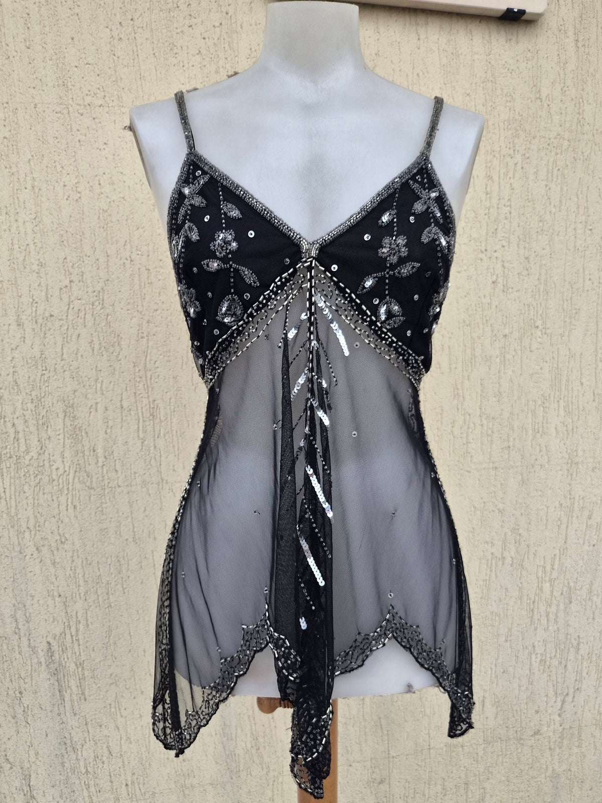 Black and silver embroidered asymmetric chiffon top