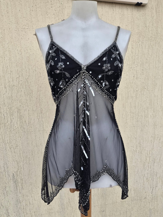 Haut en voile asymétrique brodé noir et argent