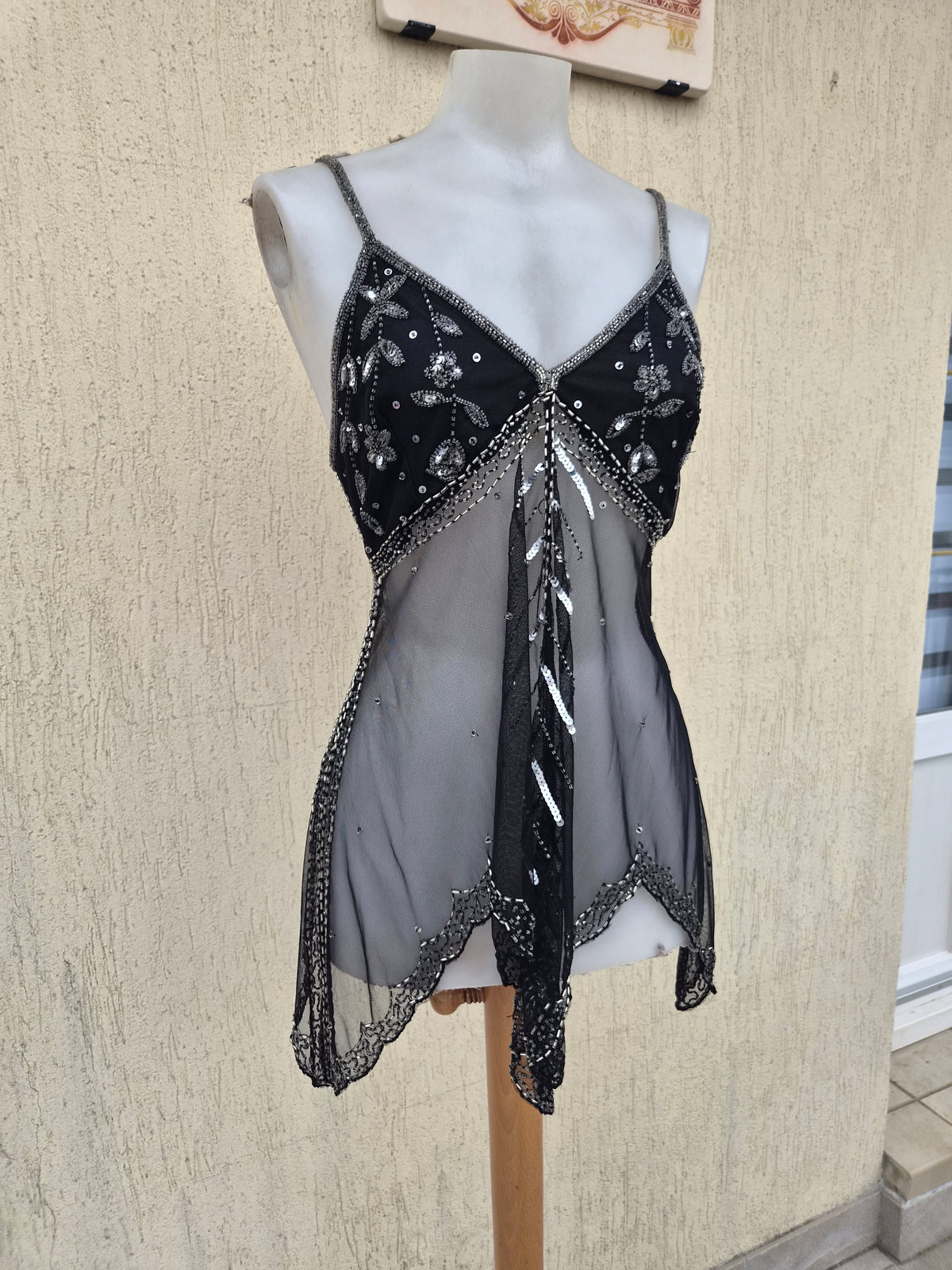Black and silver embroidered asymmetric chiffon top
