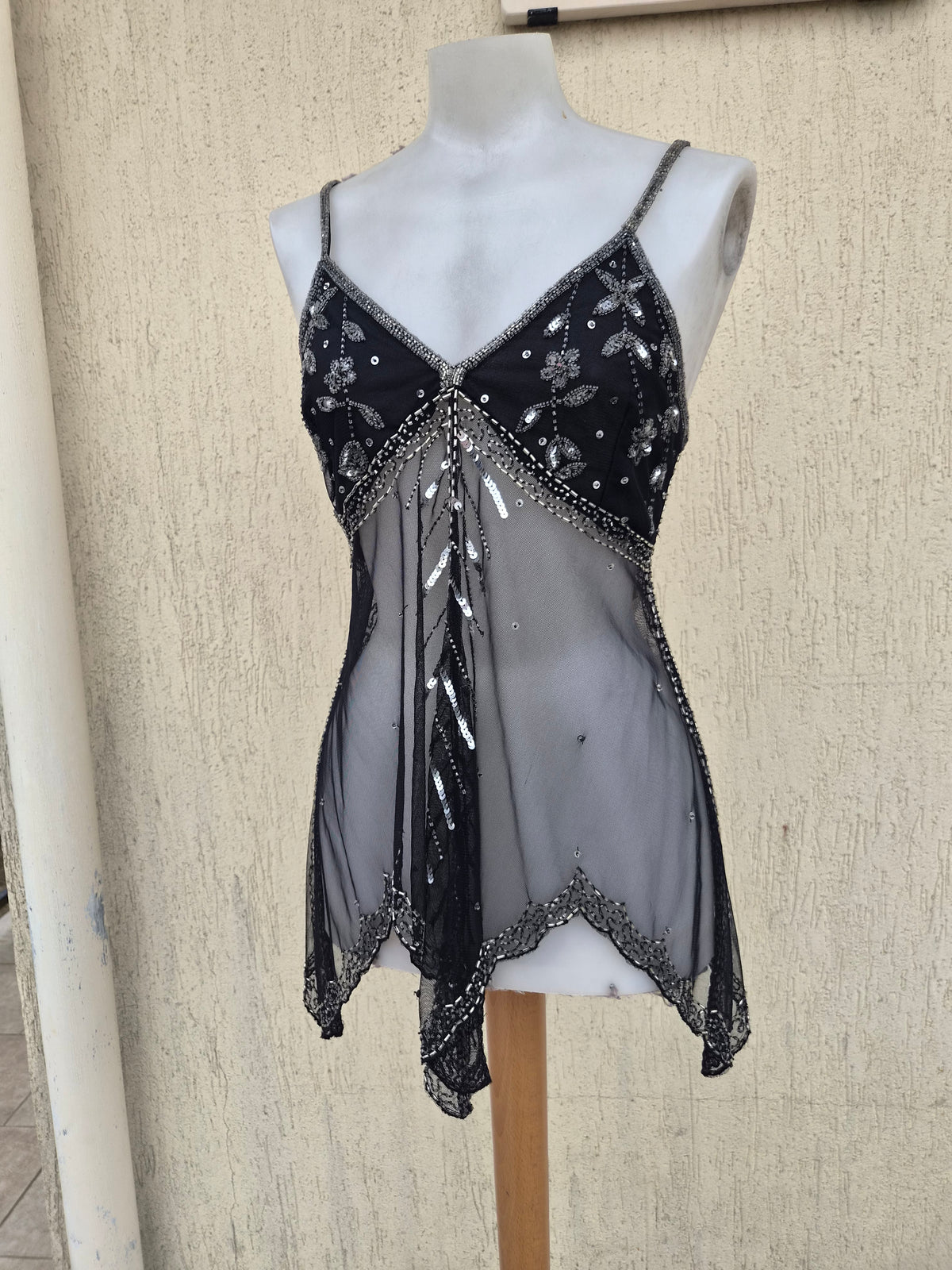 Black and silver embroidered asymmetric chiffon top