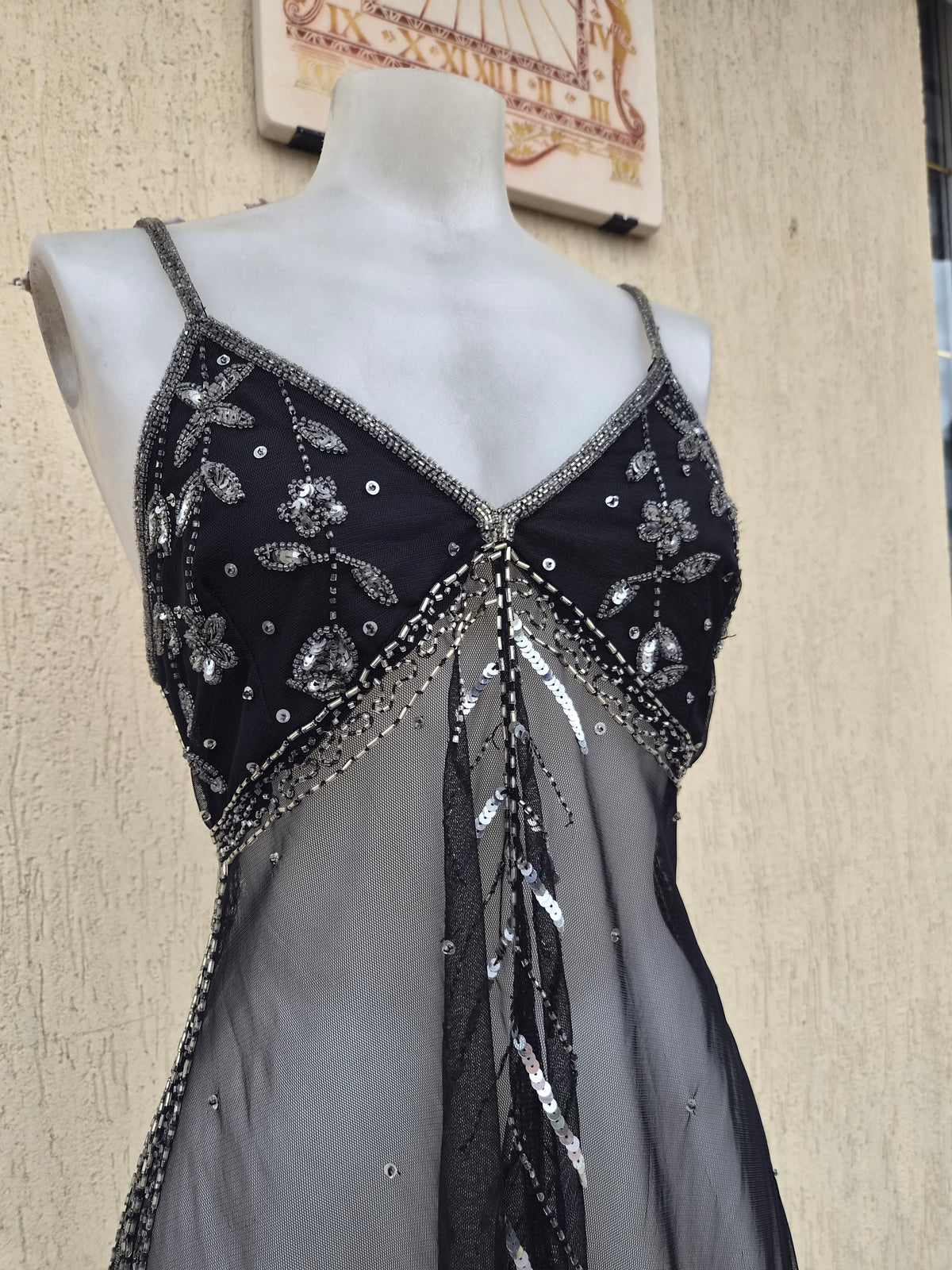 Black and silver embroidered asymmetric chiffon top