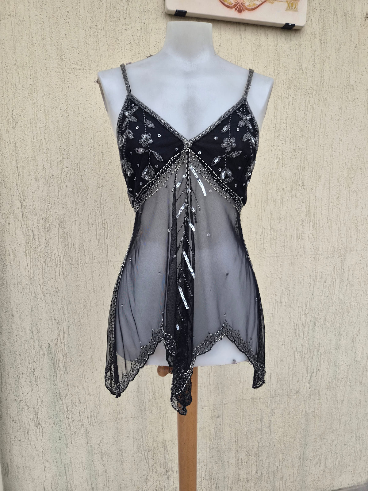 Black and silver embroidered asymmetric chiffon top