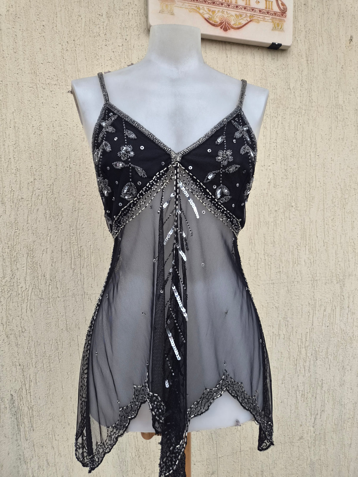 Black and silver embroidered asymmetric chiffon top