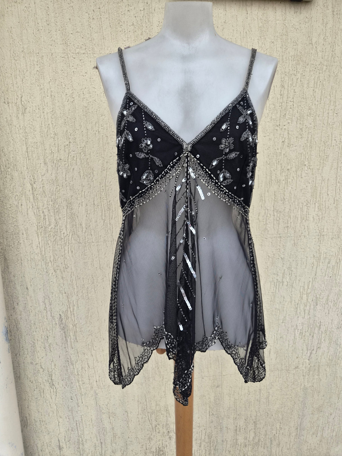 Black and silver embroidered asymmetric chiffon top