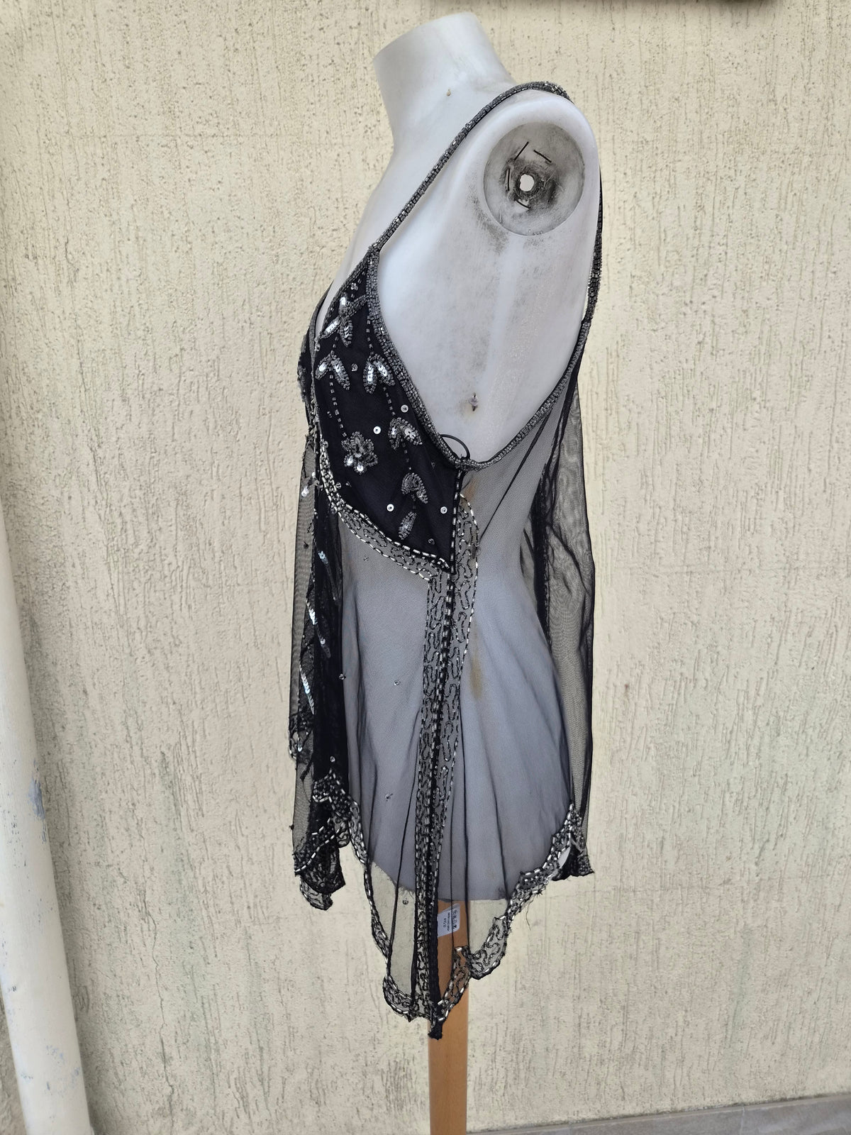 Black and silver embroidered asymmetric chiffon top