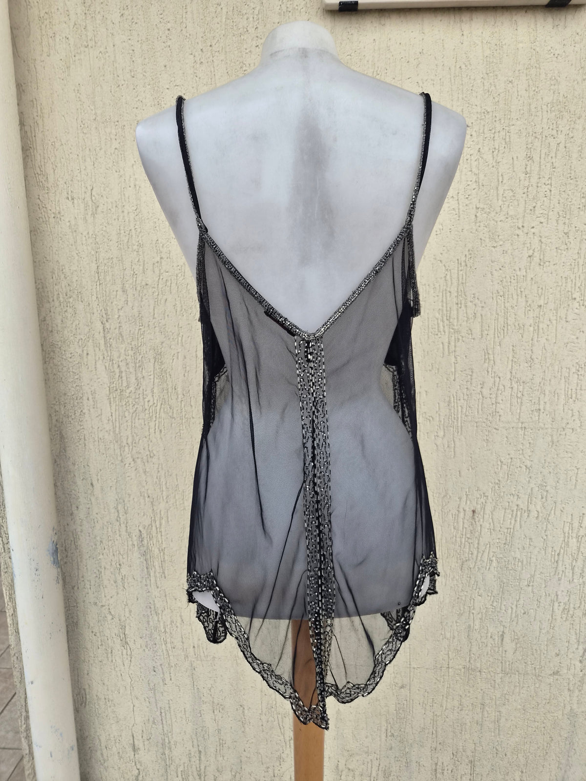 Black and silver embroidered asymmetric chiffon top