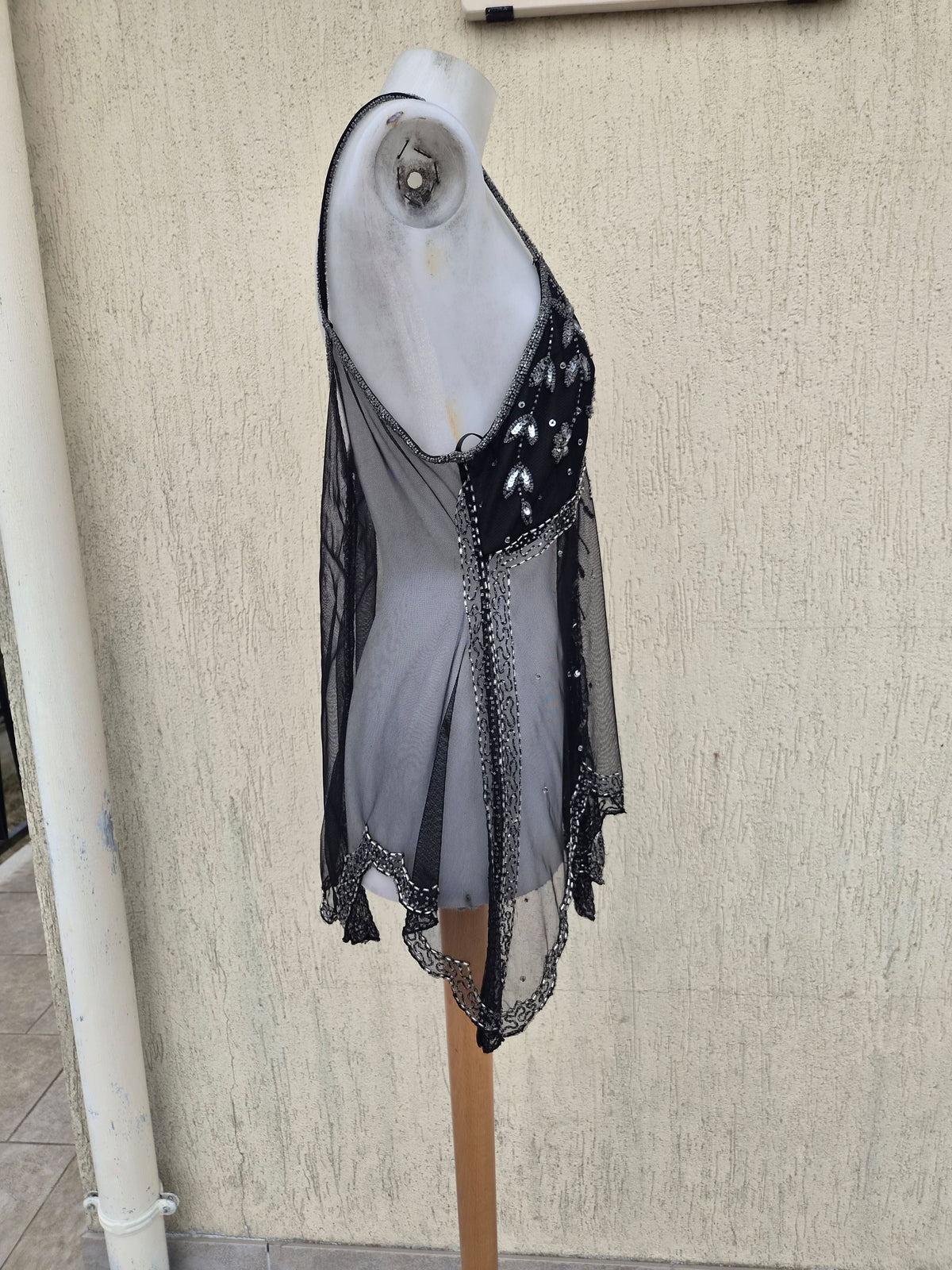 Black and silver embroidered asymmetric chiffon top