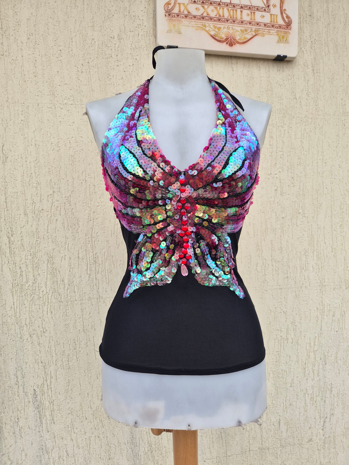 Black sequin butterfly backless top