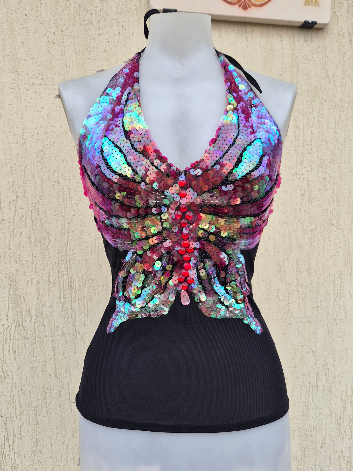 Black sequin butterfly backless top