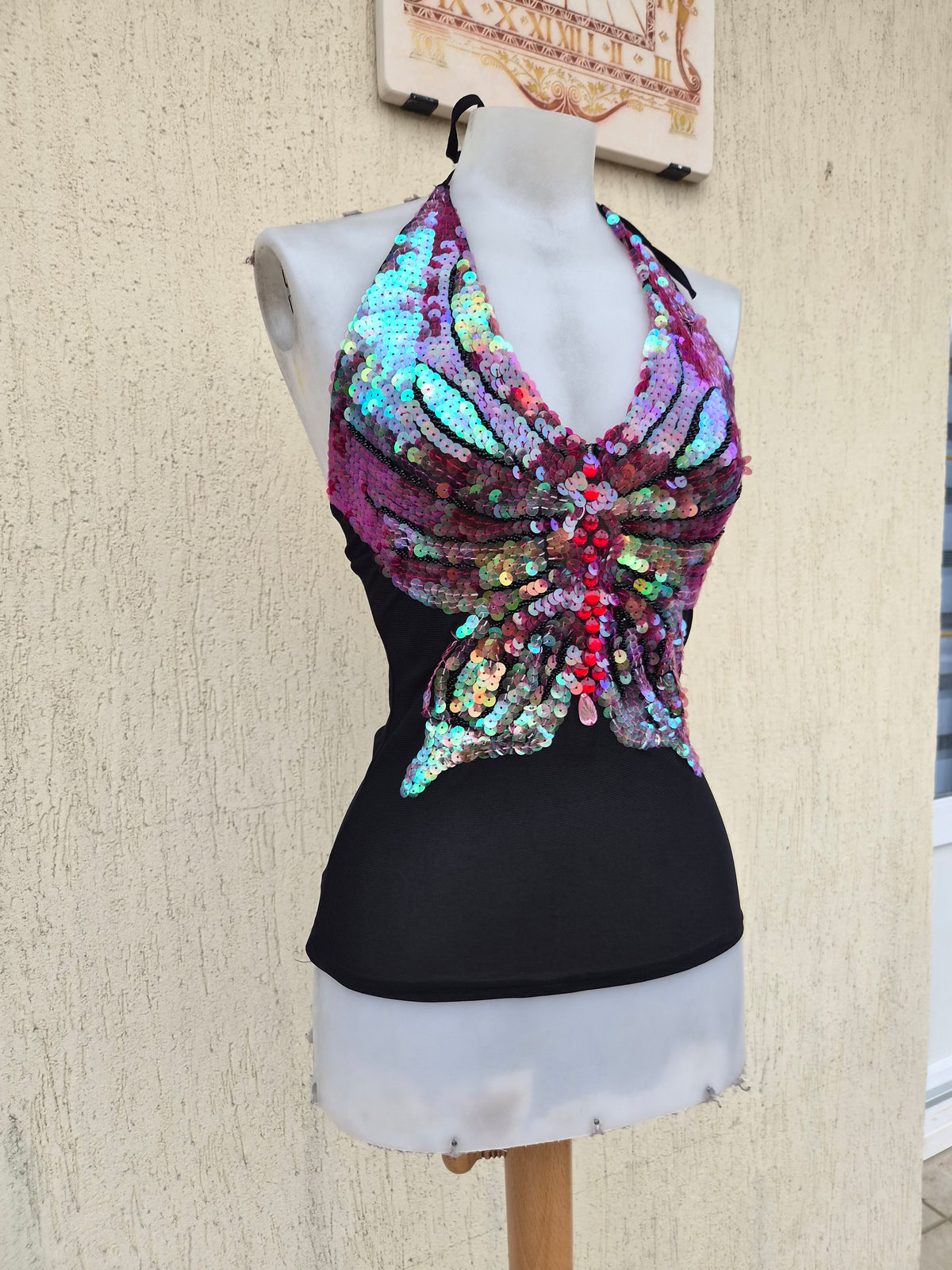 Black sequin butterfly backless top