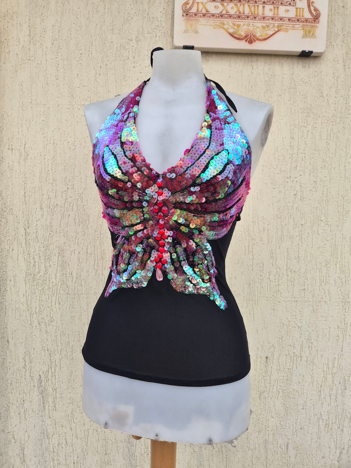 Black sequin butterfly backless top