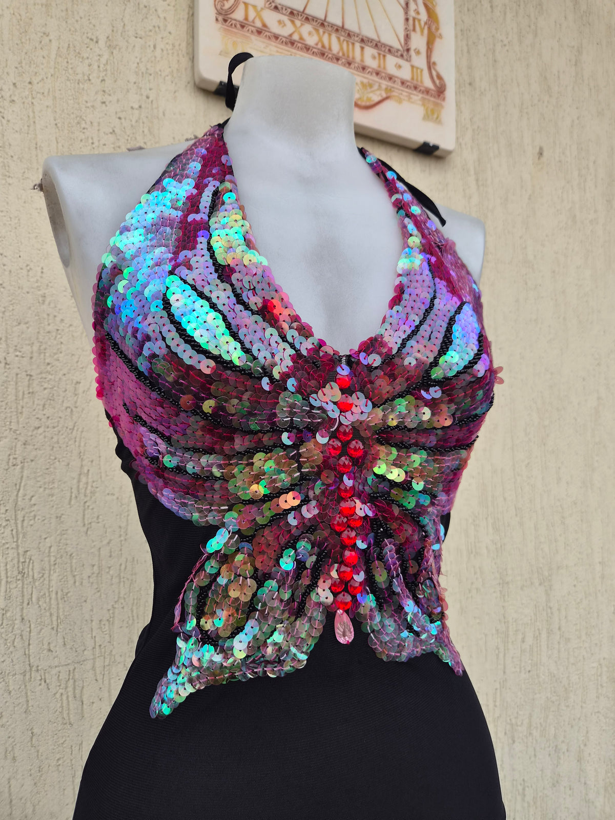 Black sequin butterfly backless top