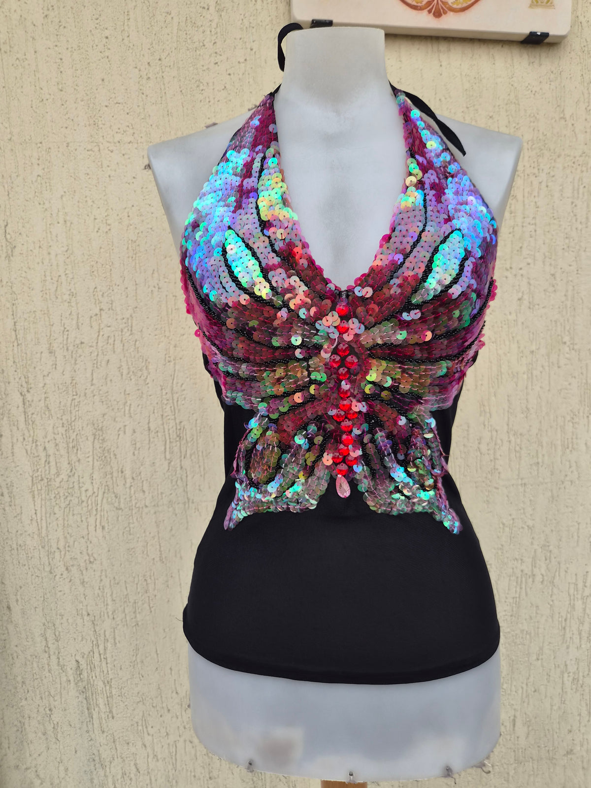 Black sequin butterfly backless top