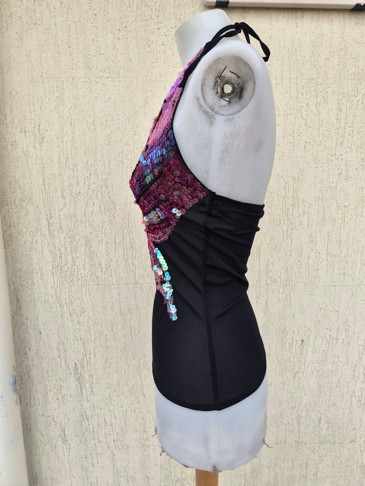 Black sequin butterfly backless top
